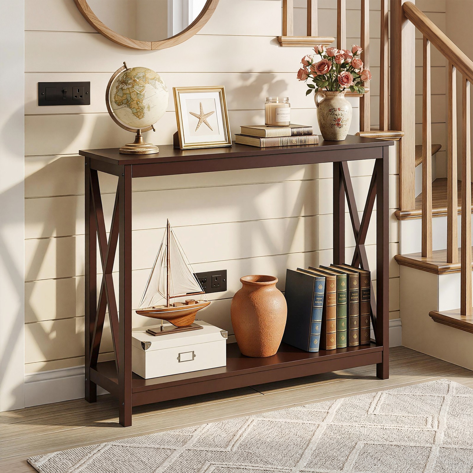 2-Tier Console Table Sofa Side Table Storage Shelf for Entryway Hallway Brown