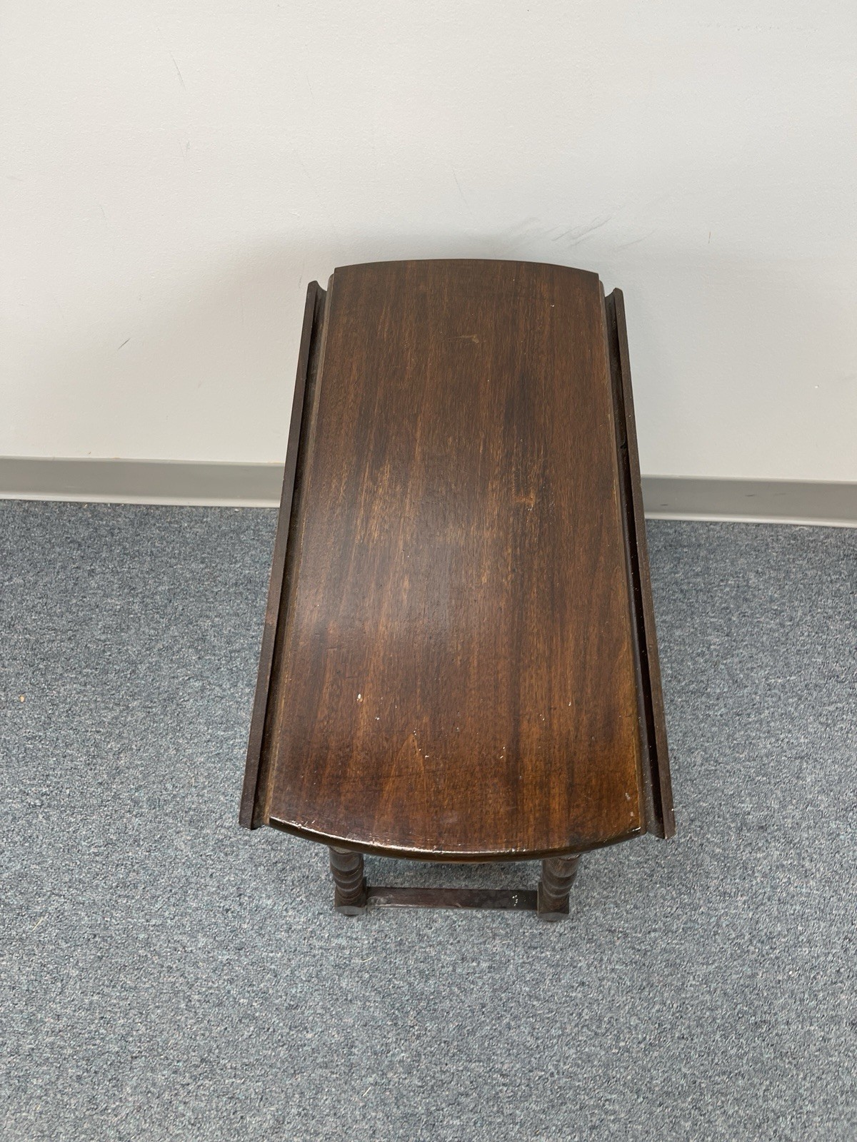 vintage Wood Square to Round Table with Fold Down Wings & Spool Legs – 21.25″ hi