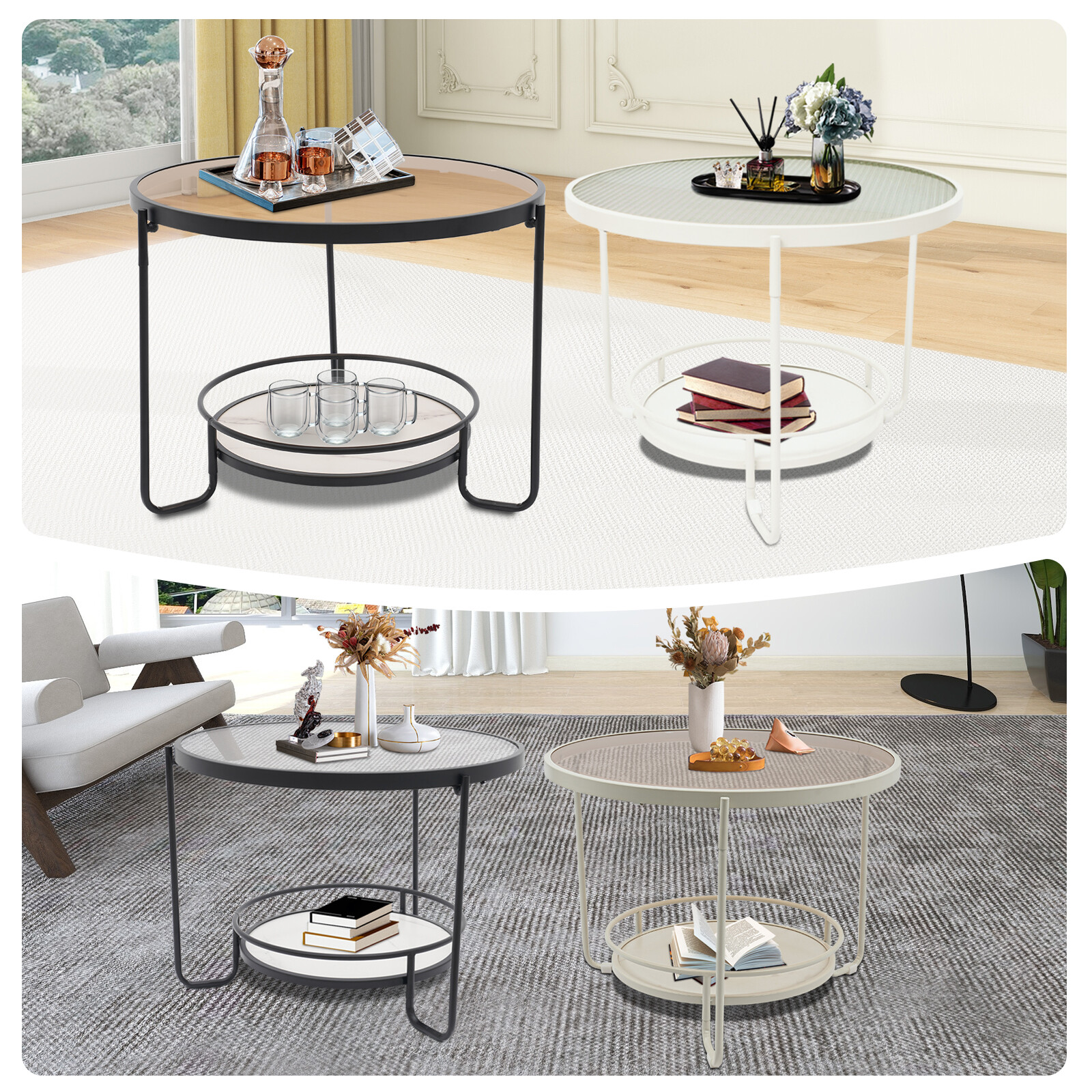 Modern Round 2-Tier Side Table – Black/White& Teal/Clear, Tempered Glass 60/40cm