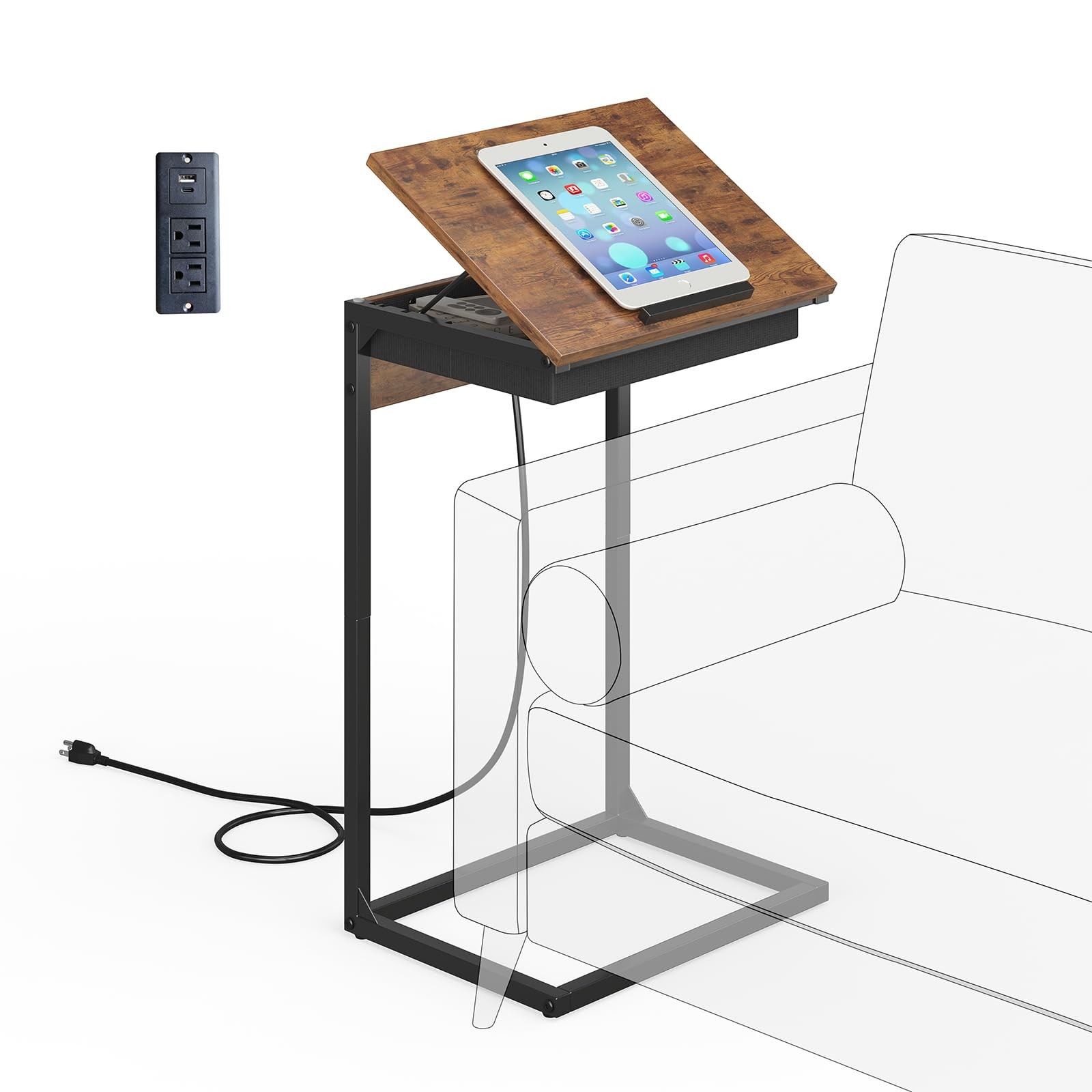 C Shaped End Table with Charging Station, 45° Tiltable Adjustable Flip Top Ta…