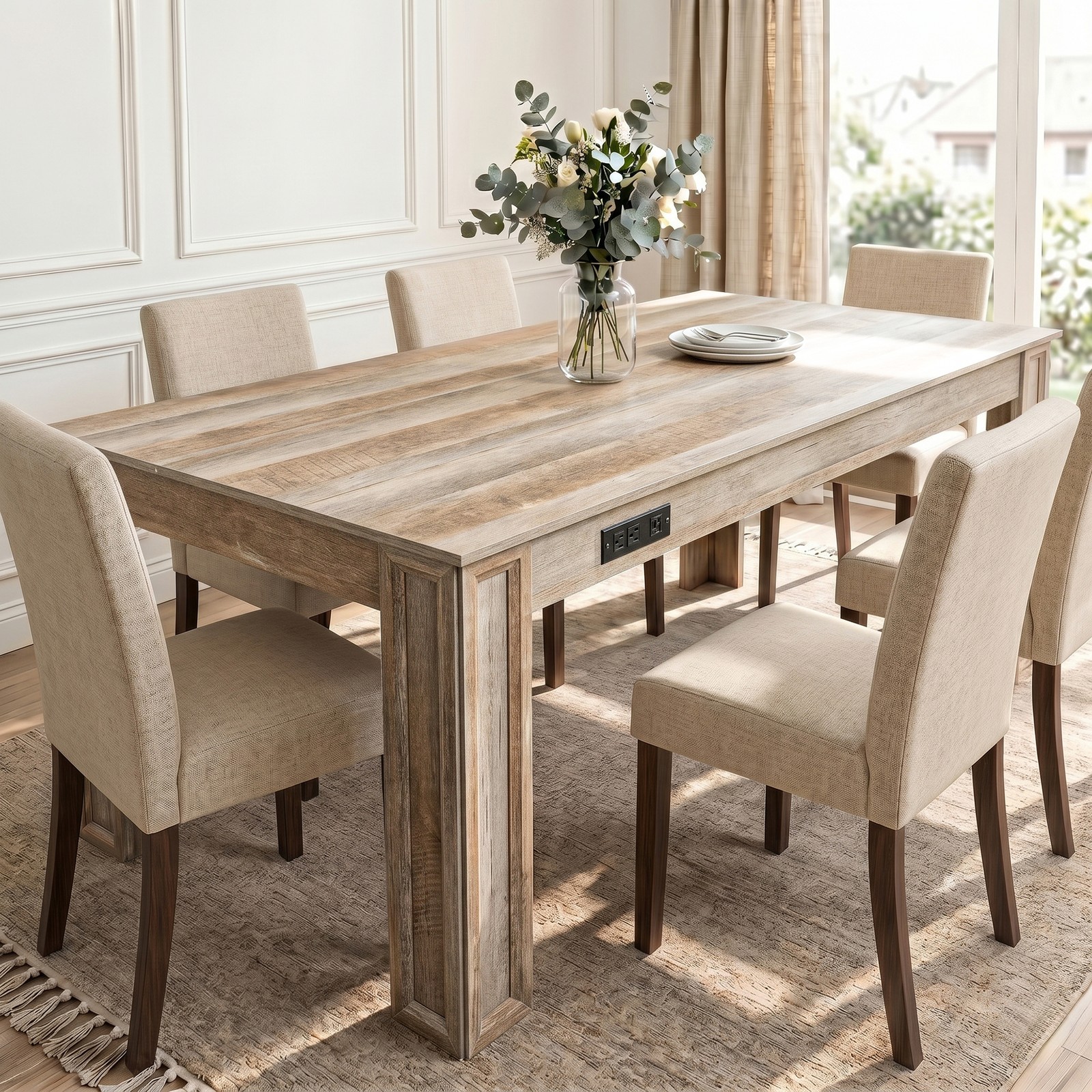 70″ Gray Farmhouse Dining Table with Charging Station & Drawer,for 6-8 People