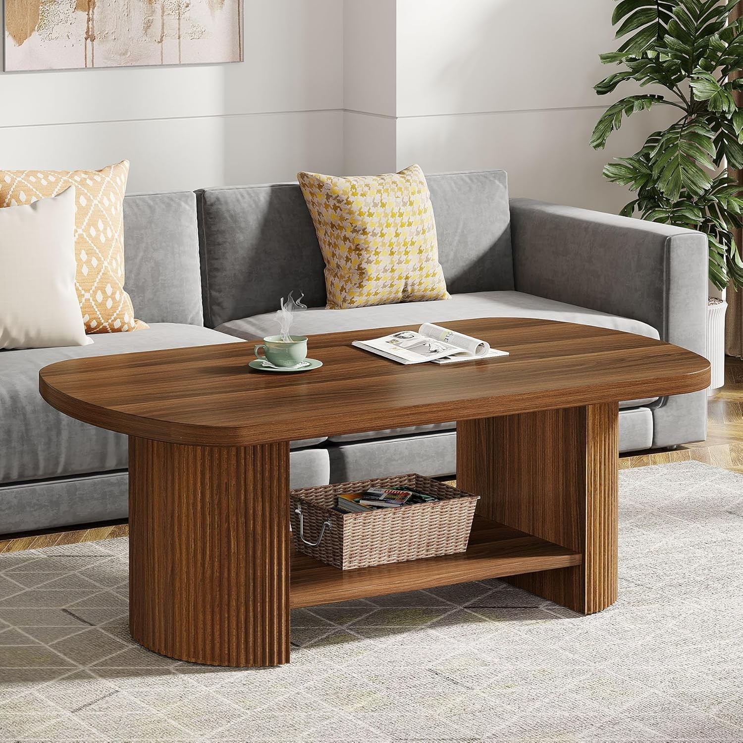 115CM Wood Oval Coffee Table, Mid-Century 2-Tier Coffee Table with Storage Shelf
