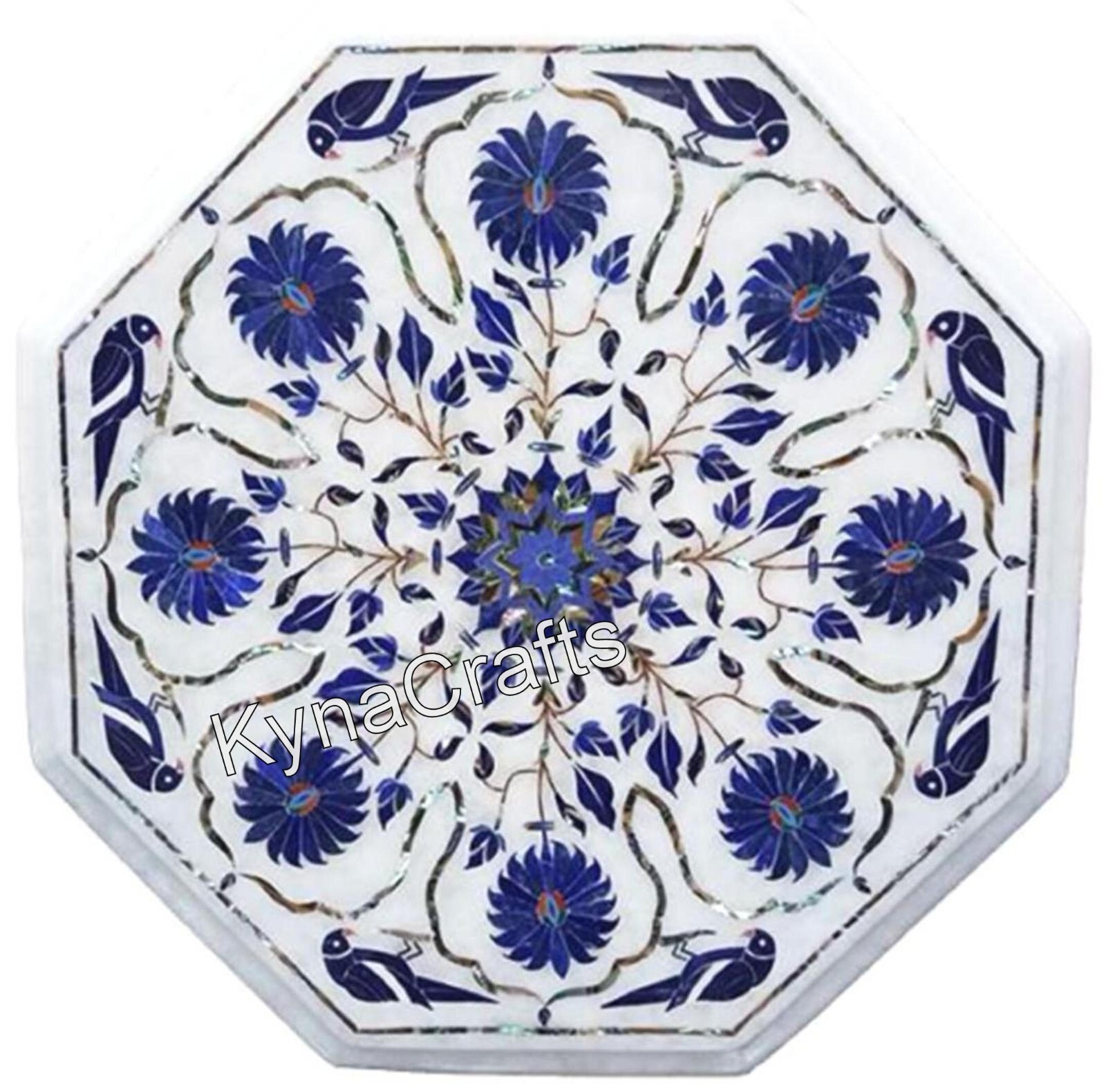 Lapis Lazuli Stone Inlay Work End Table for Office White Marble Coffee Table Top