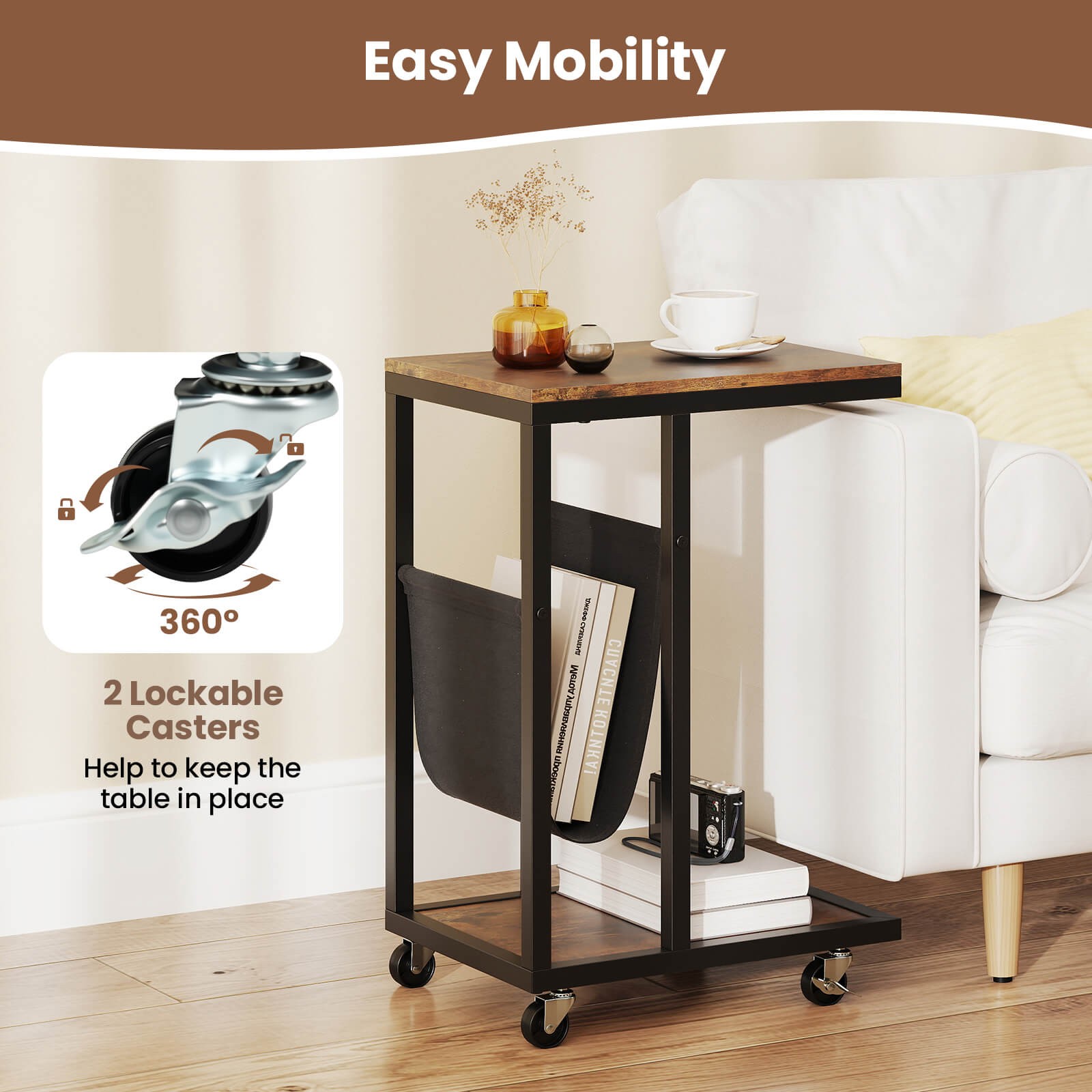 C-shaped Side Table 2-tier Sofa Couch Table w/ Canvas Storage Pouch Brown