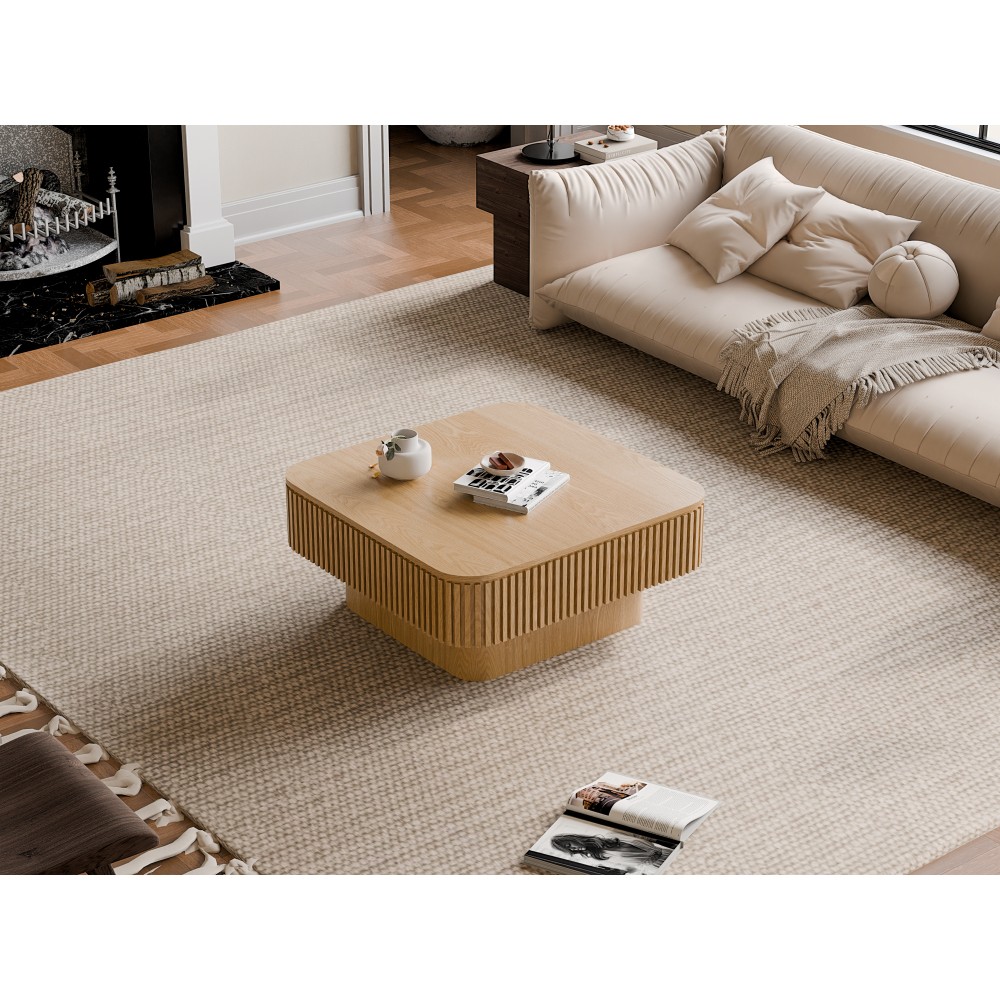 31.5” Square Coffee Table with Storage Solid Wood Veneered, Natural Wood