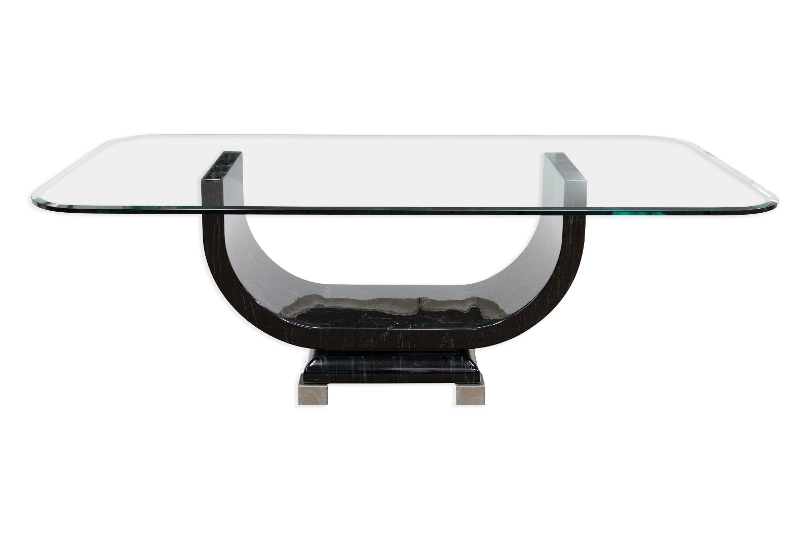 Art Deco Style Post Modern Black Lacquer Dining Table With Glass Top