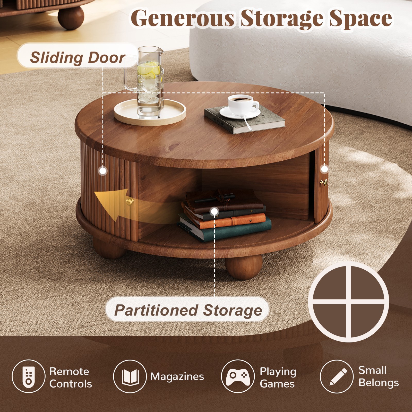 Round Solid Wood Coffee Table Center Table With Hidden Compartment Sliding Door