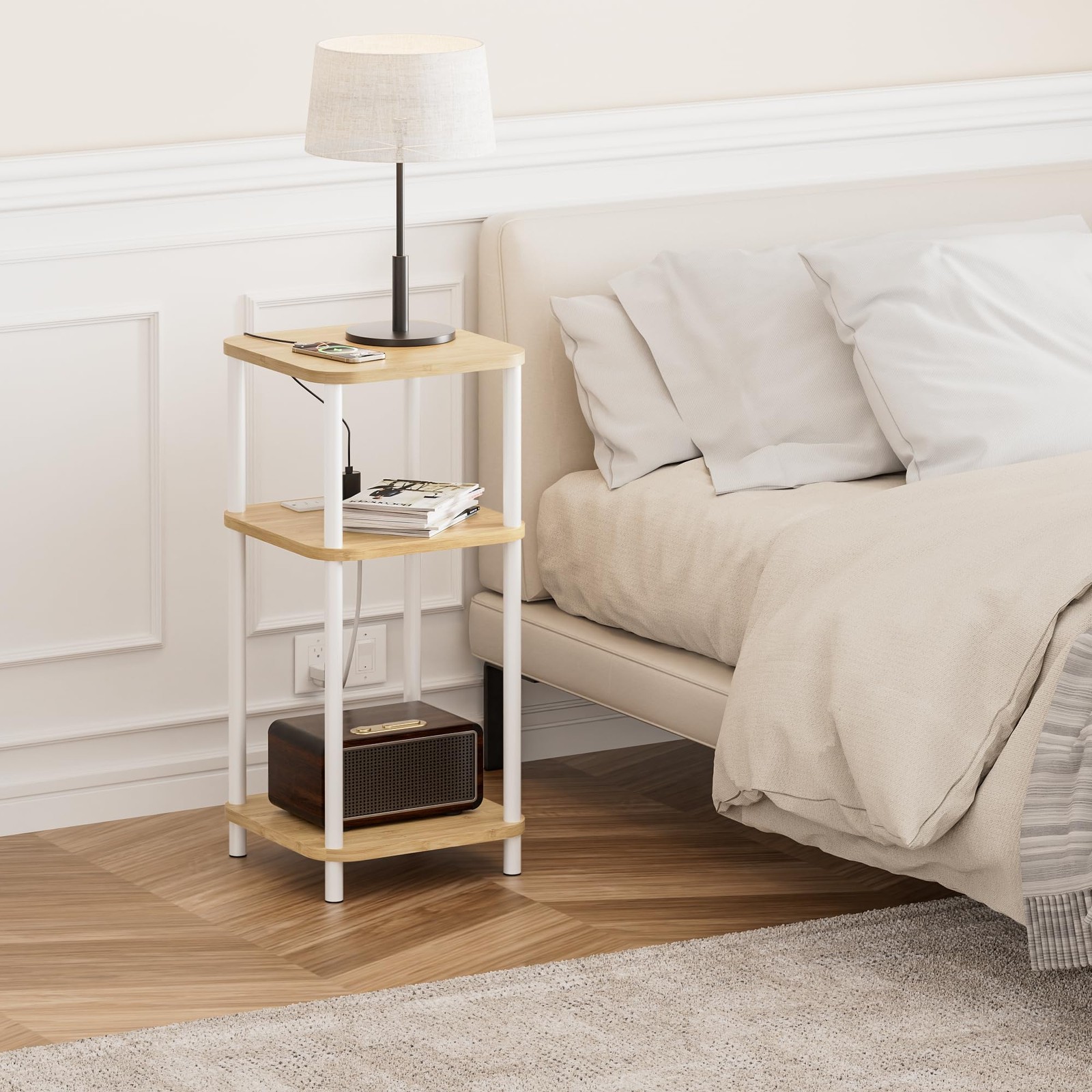 Bamboo End Table with Charging Station, Side Table for Small Space, Small Table