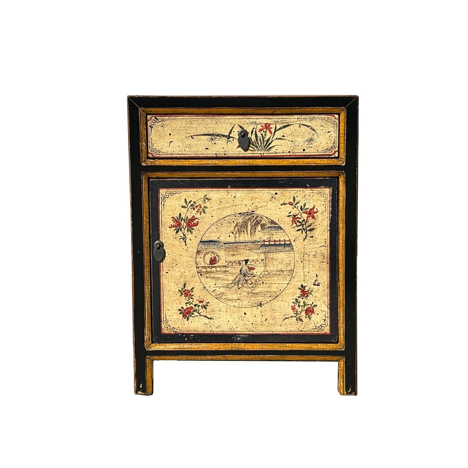 Oriental Beige Base Scenery Graphic Black Body End Table Nightstand ws4531