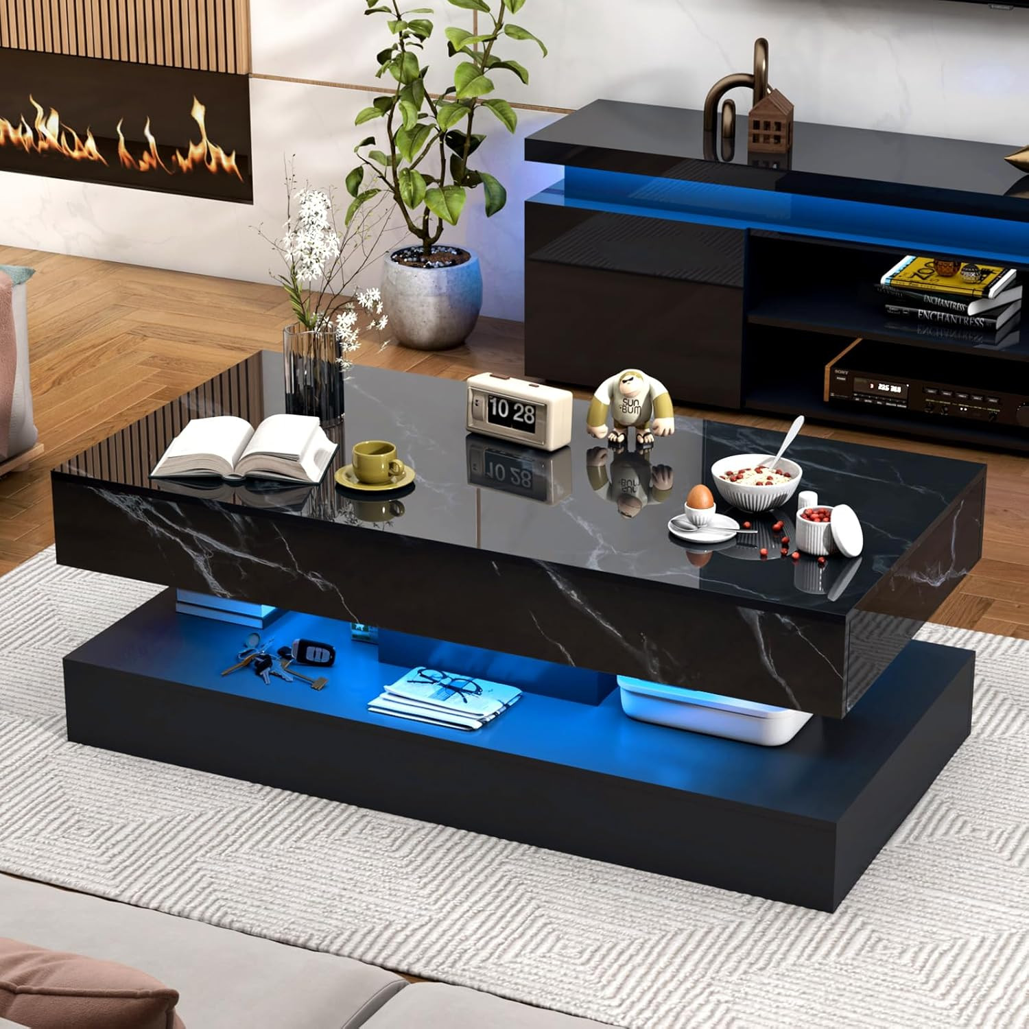47.2″ Large High-Glossy LED Coffee Table with 2 Sliding Drawers, Living Room Sto
