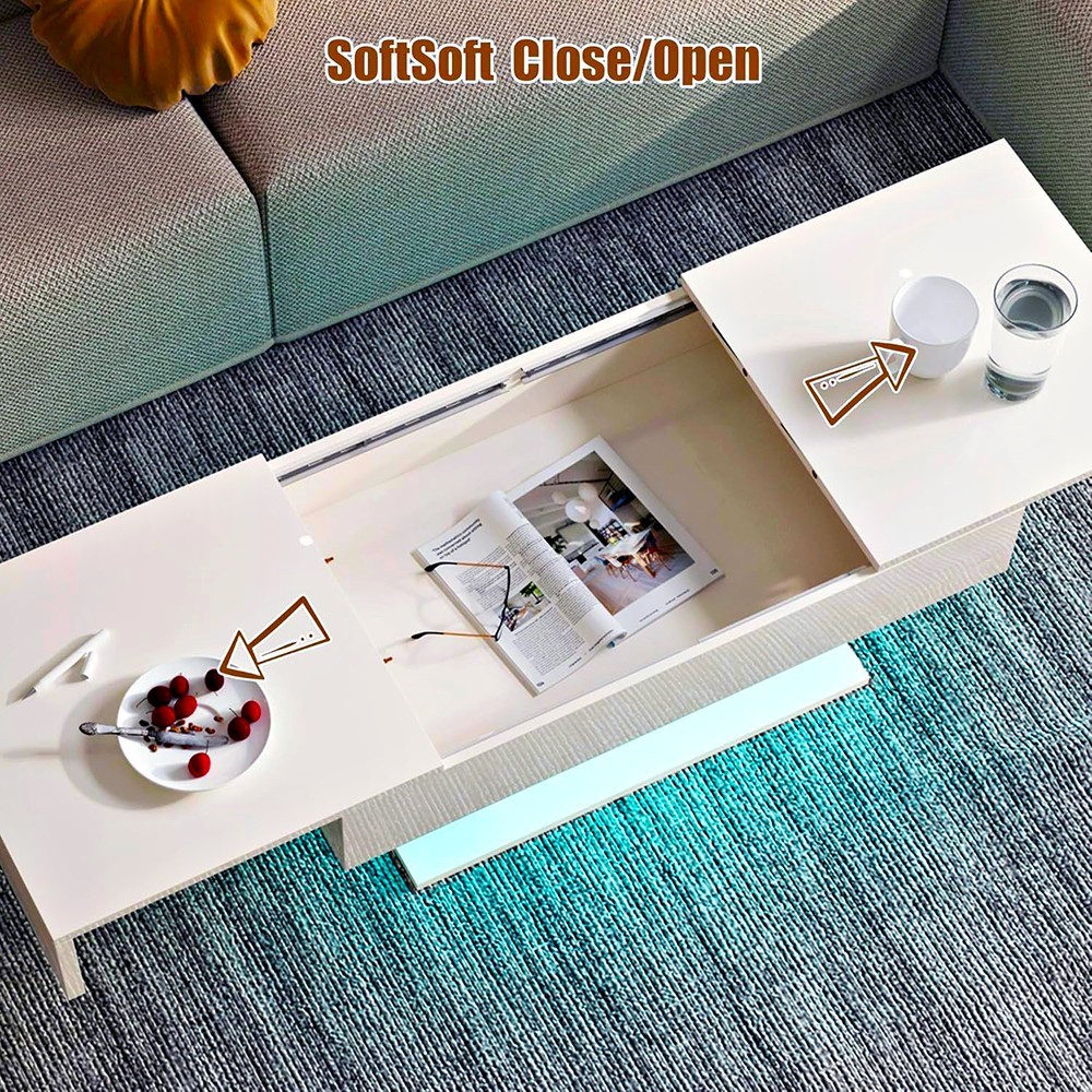 RGB LED MODERN COFFEE TABLE WITH HIDDEN STORAGE 69″ EXTENDABLE SLIDING TOP WHITE