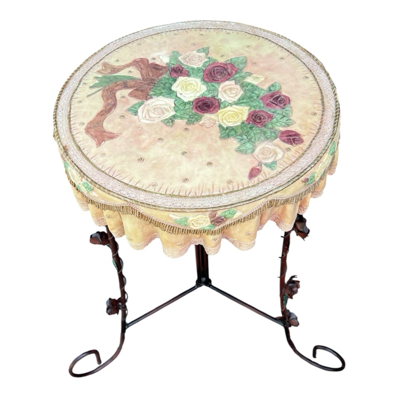 Rare Vintage Rose Carved Pink Resin Accent Table, W Metal Floral Foldable Stand