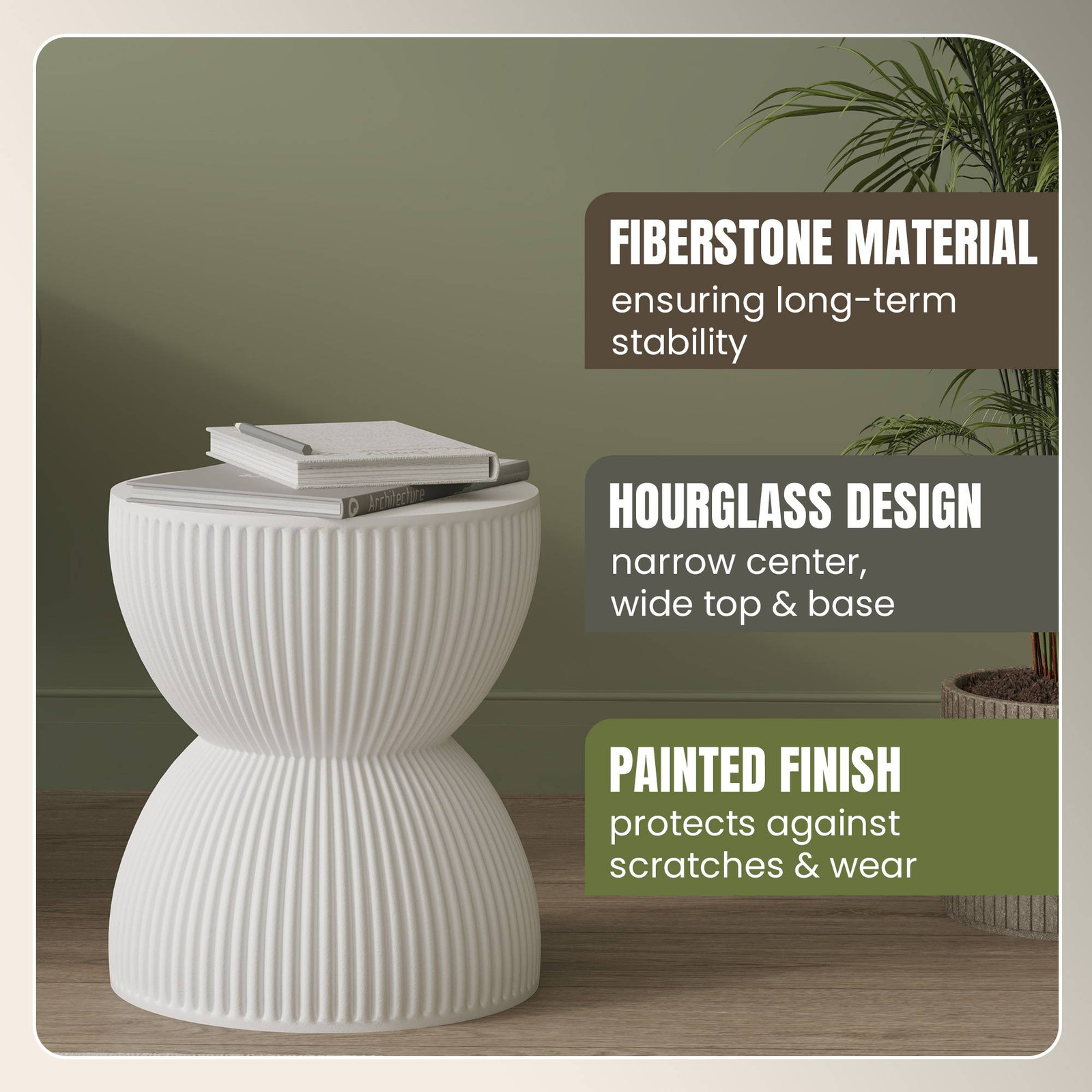 LeisureMod 15″ Round Fiberstone Side Table Hourglass Design in White