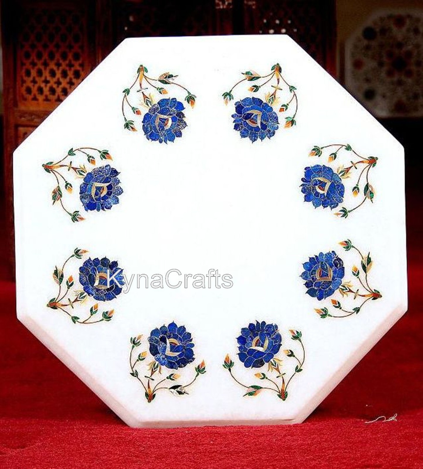 Lapis Lazuli Stone Inlay Work Coffee Table Top White Marble End Table for Office