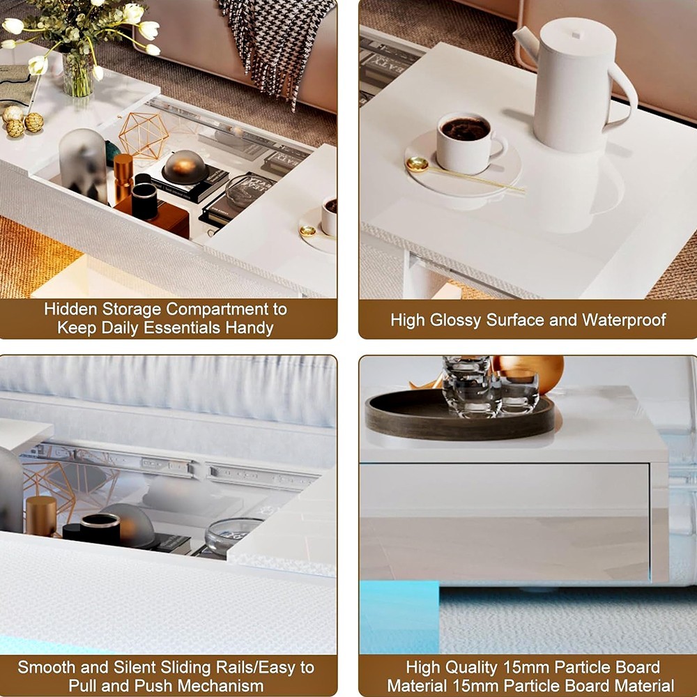 RGB LED MODERN COFFEE TABLE WITH HIDDEN STORAGE 69″ EXTENDABLE SLIDING TOP WHITE