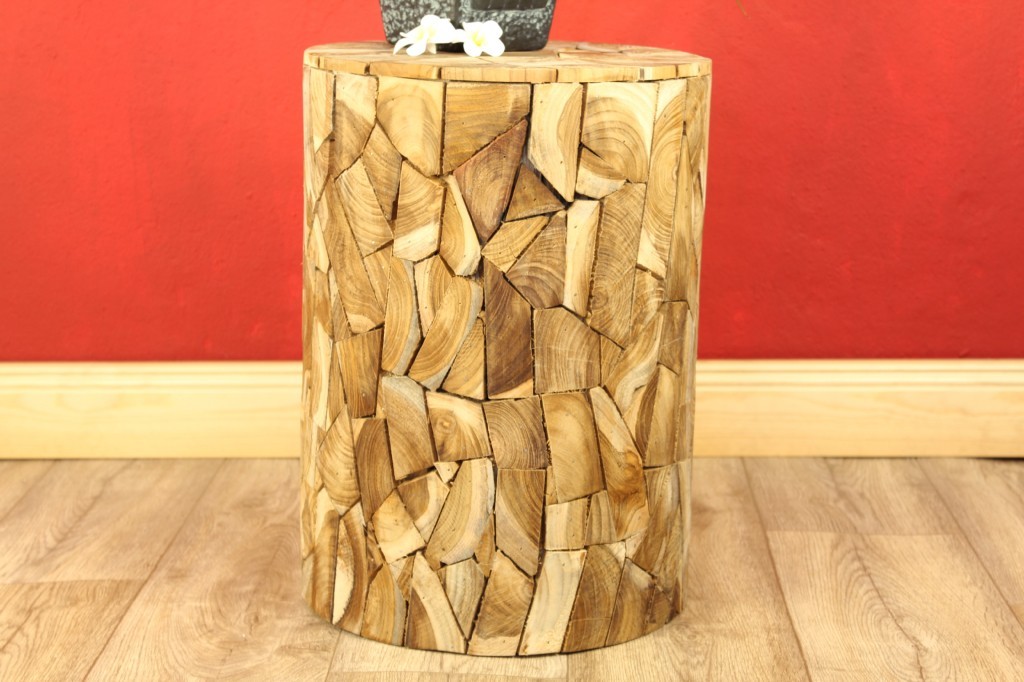 Kinaree Teak Mosaic Round Side Table Cylinder Handmade Flower Stand, Unikat