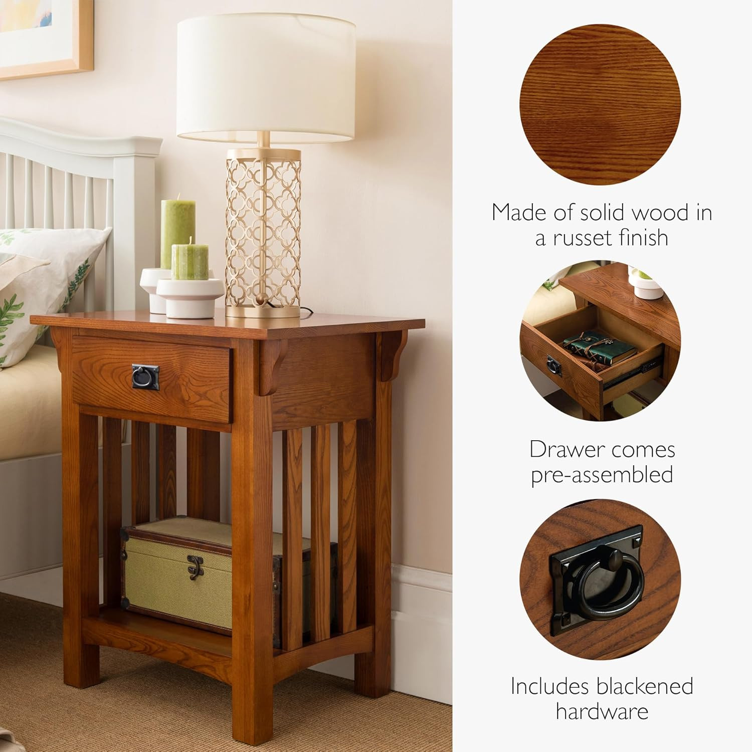 Solid Wood End Table with Drawer – Medium Oak Finish Nightstand for Living Room