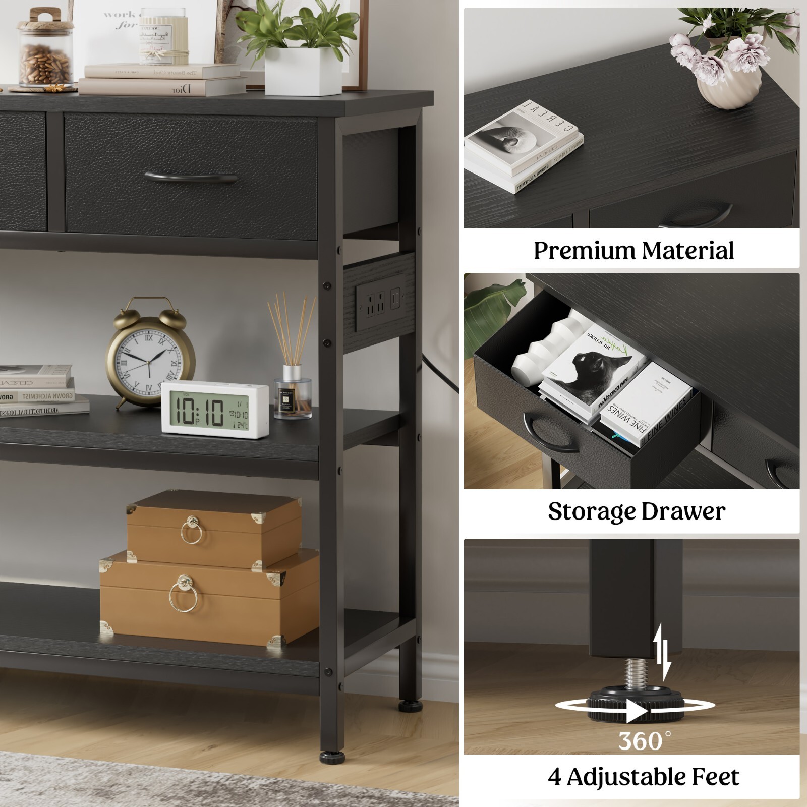 43.3″ Console Table with Power Outlets 3 Drawers 2 Shelves Sofa Table Black