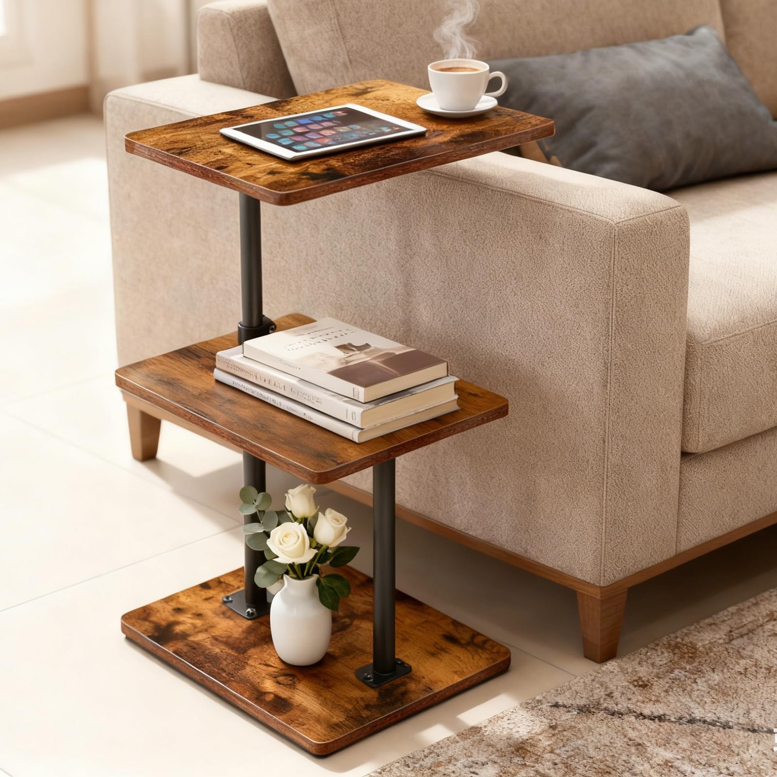 Swivel Side Table for Couch, 3 Tier Small End Table Adjustable Height with Ro…