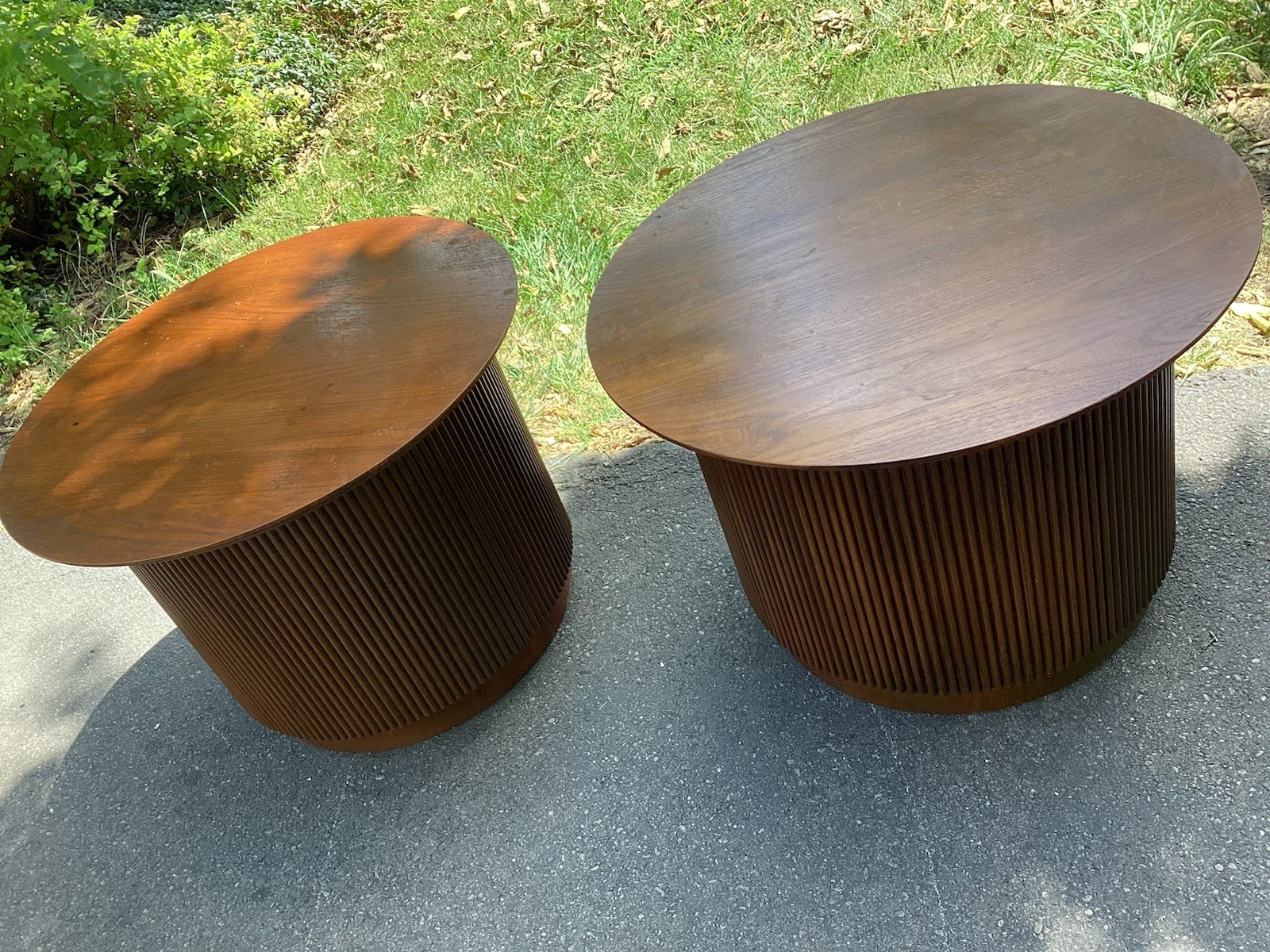 LANE First Edition MCM Mid Century Round Cabinet End Tables, Nightstands, A Pair