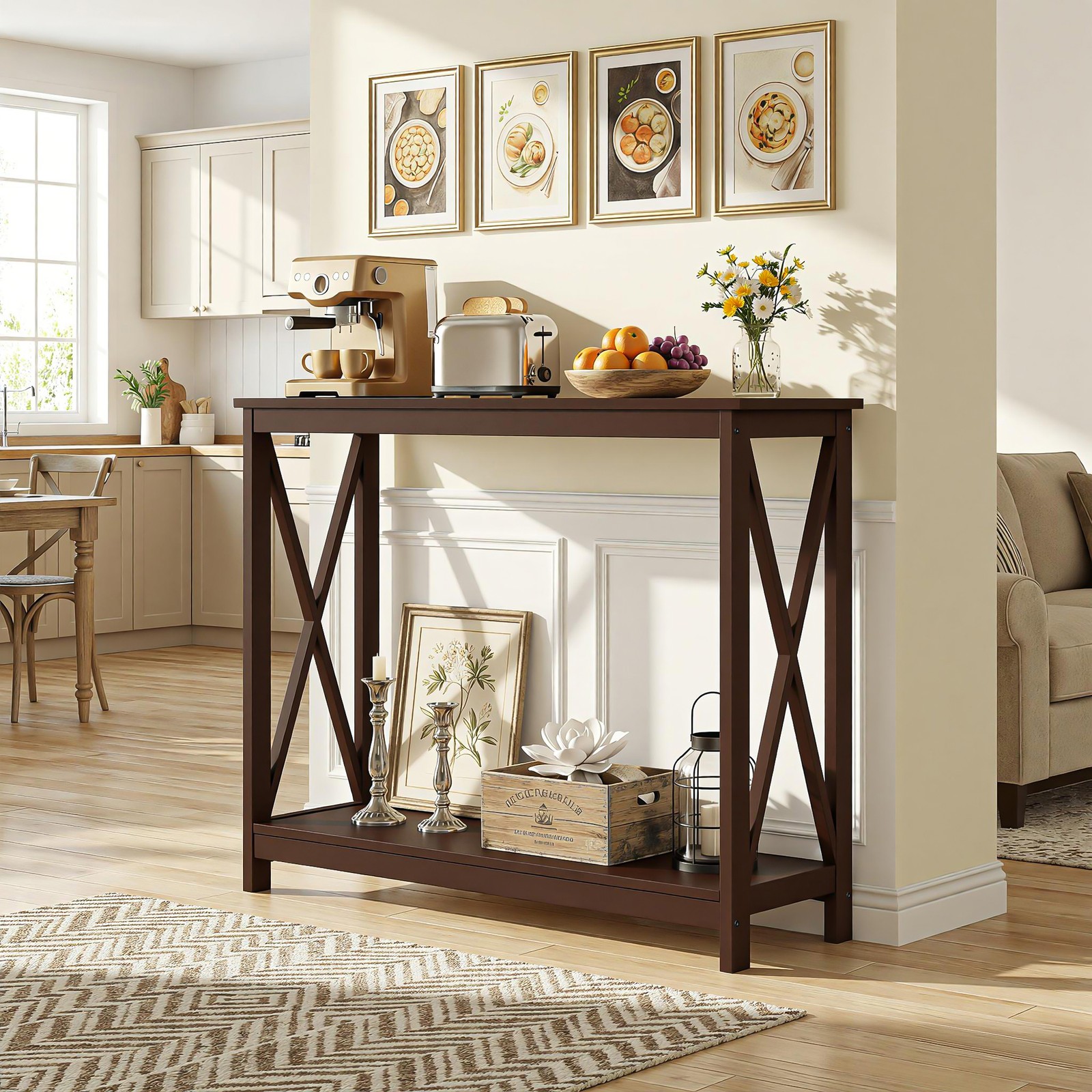 2-Tier Console Table Sofa Side Table Storage Shelf for Entryway Hallway Brown