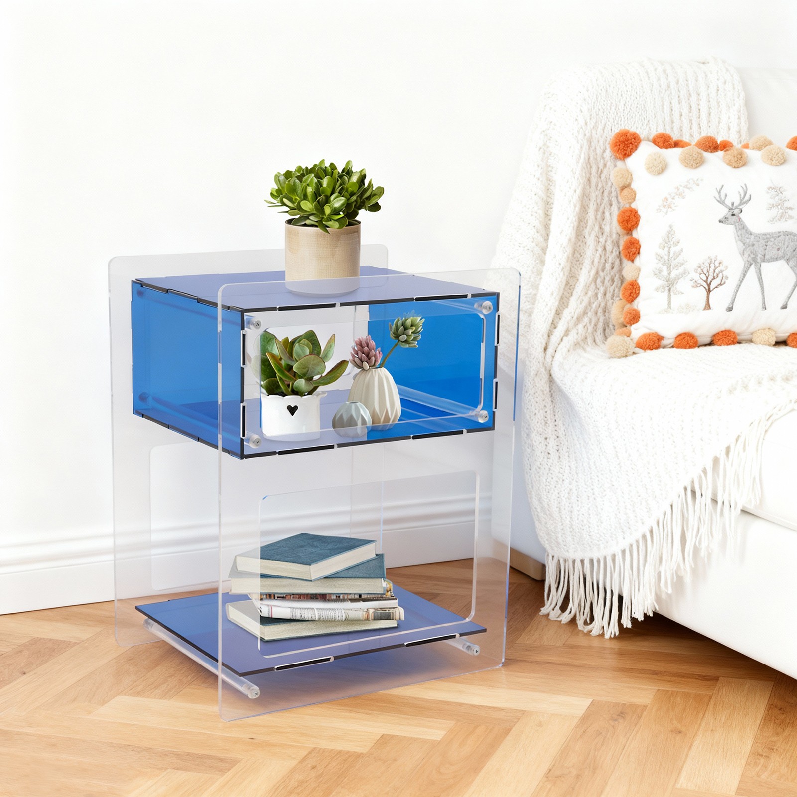 Modern Design Blue Acrylic Decorative End Table- Home Decor Display Nightstand