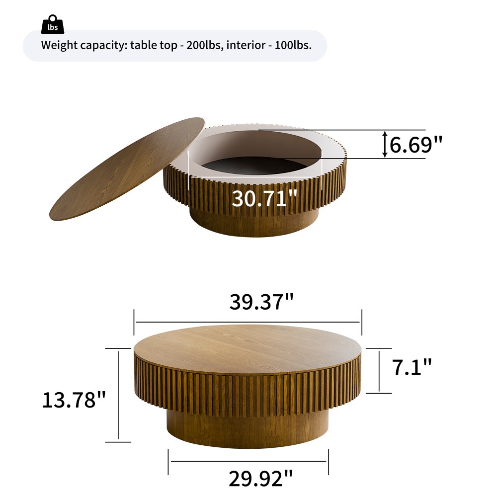 39.37″ Brown Round Coffee Table w/ Storage, Solid Wood Veneer, Modern