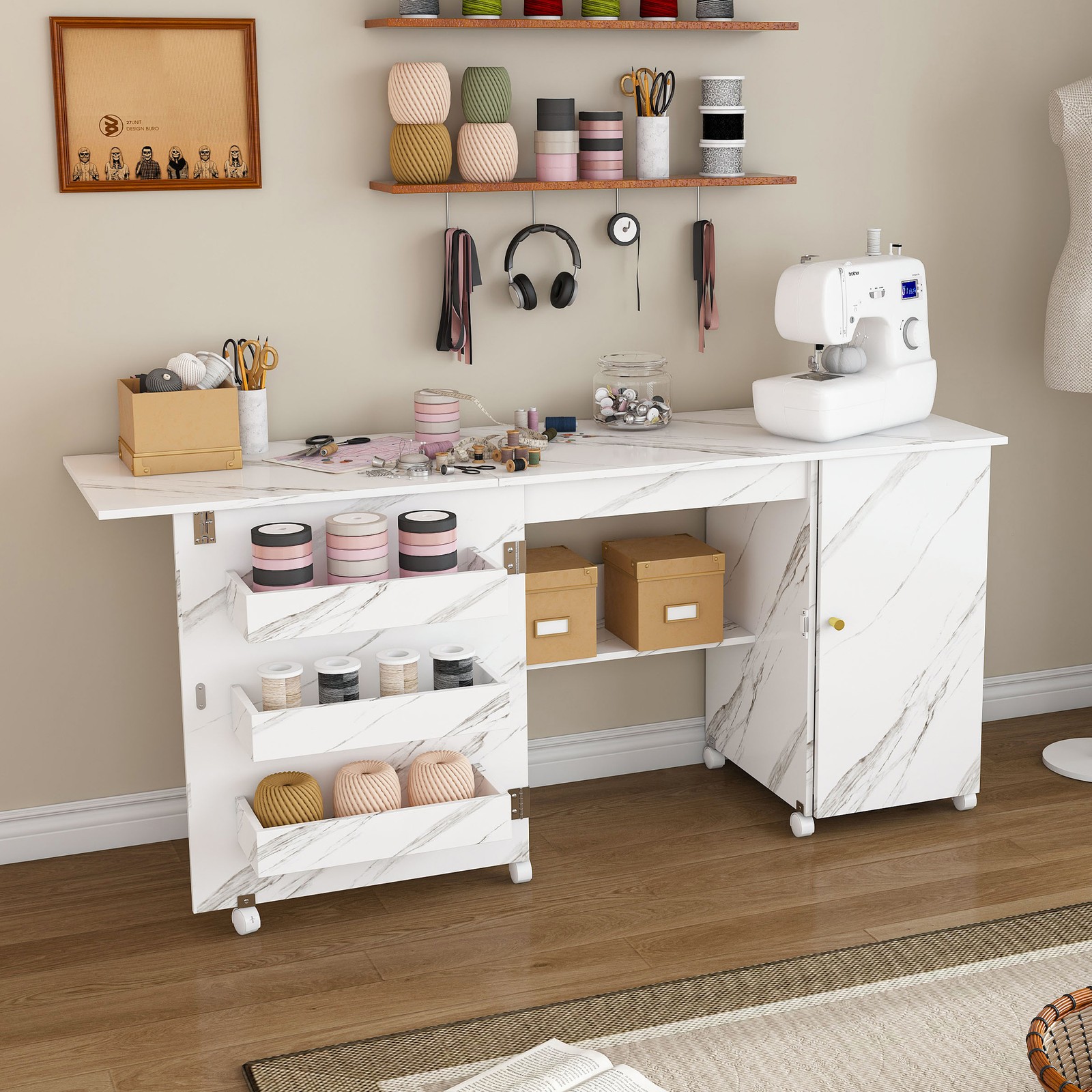 Foldable Sewing Machine Table with Locking Casters 57.5 in White