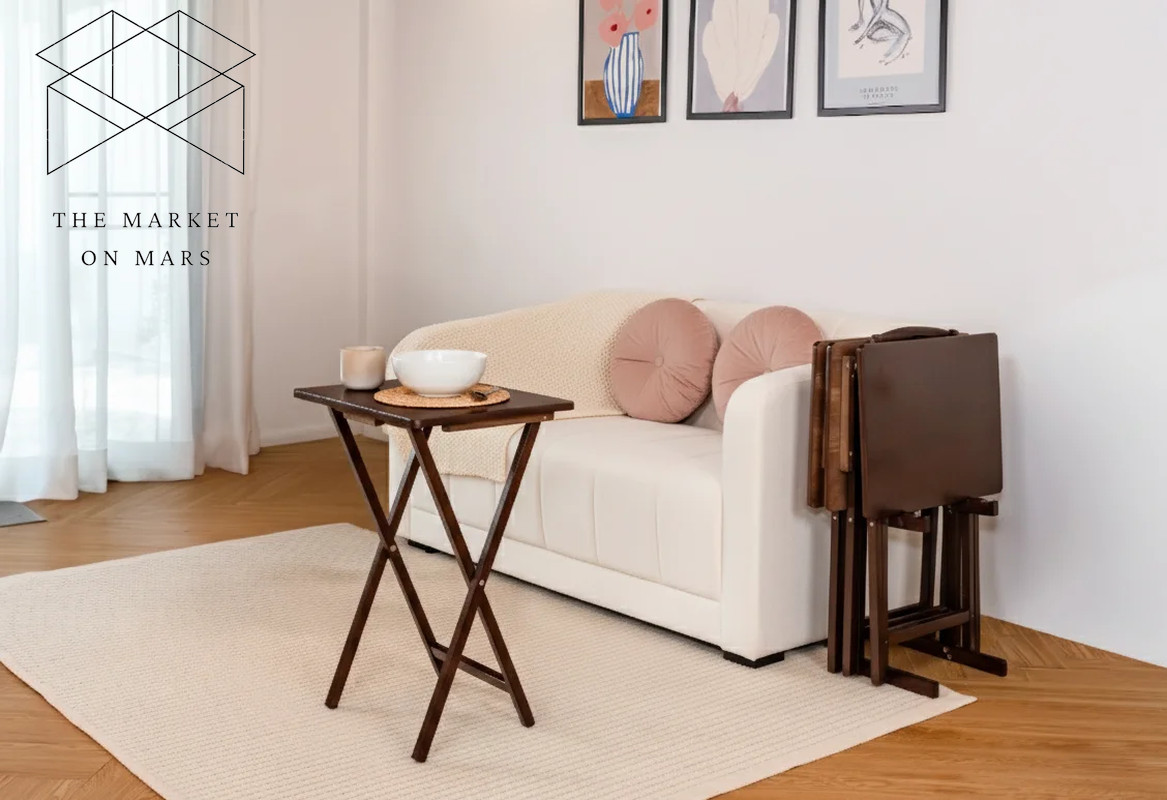 4-Piece Black Rubberwood Indoor Folding TV Tray Table Set with Storage Rack 💪