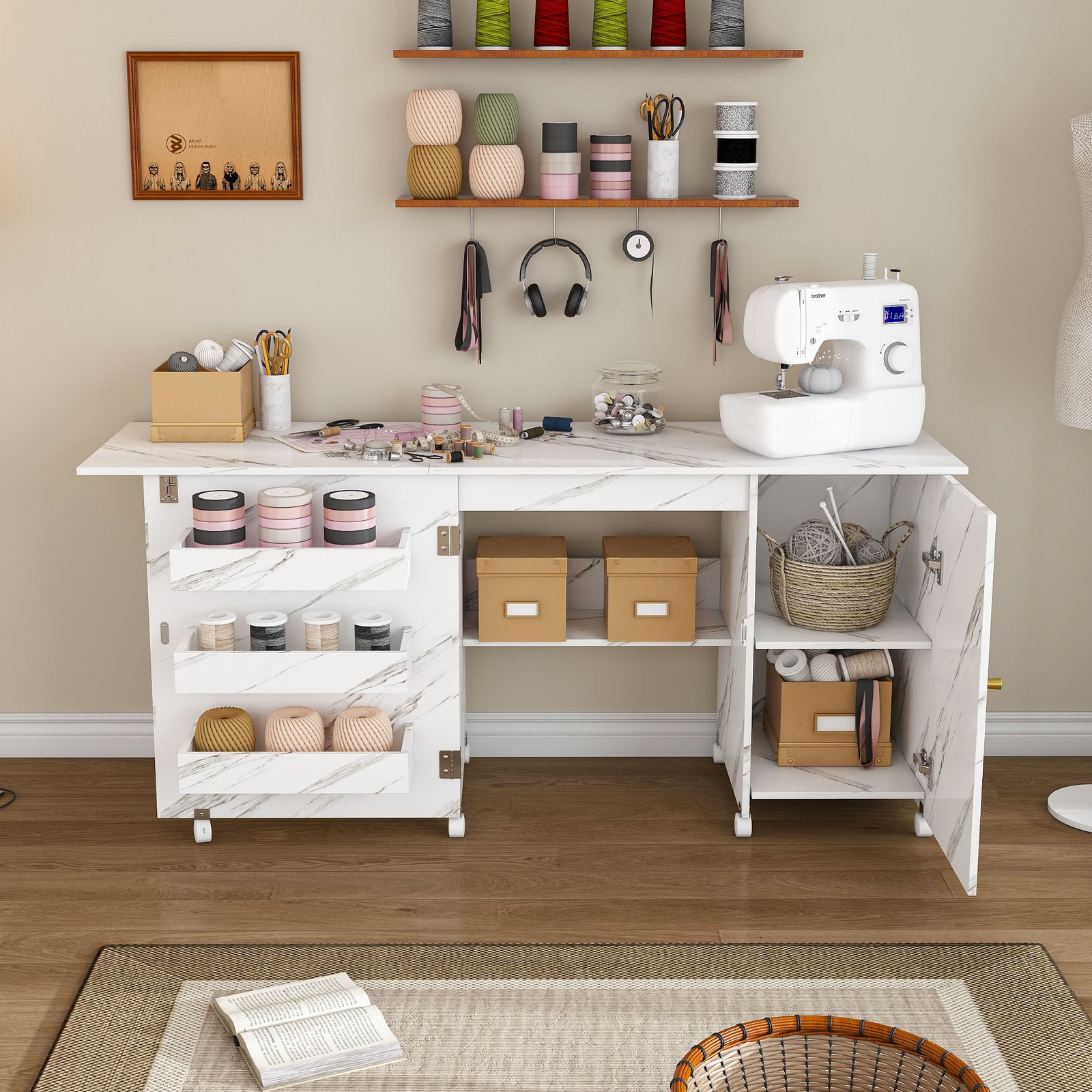 Foldable Sewing Machine Table with Locking Casters 57.5 in White