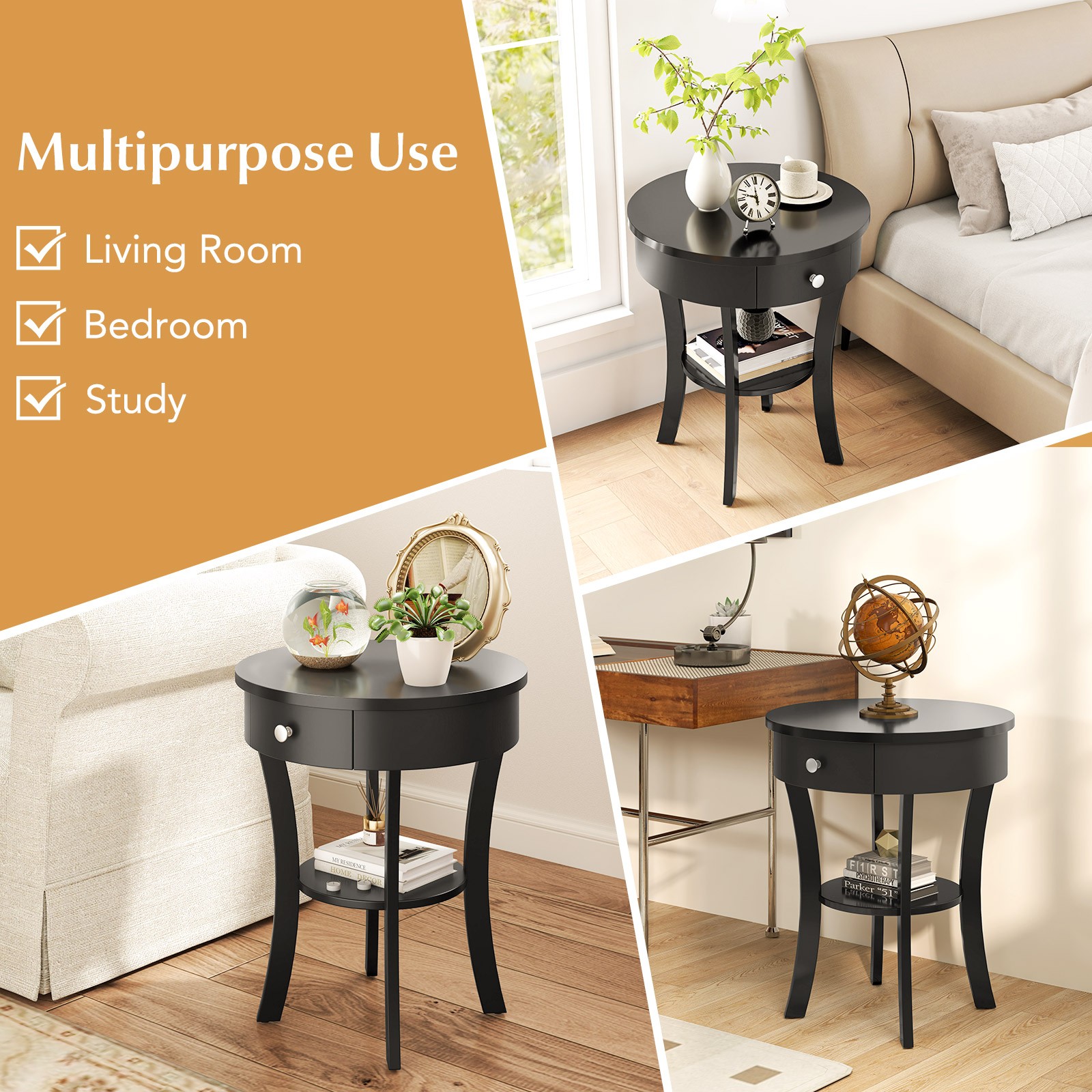 2-tier Side End Sofa Table Round Nightstand for Bedroom Living Room Black
