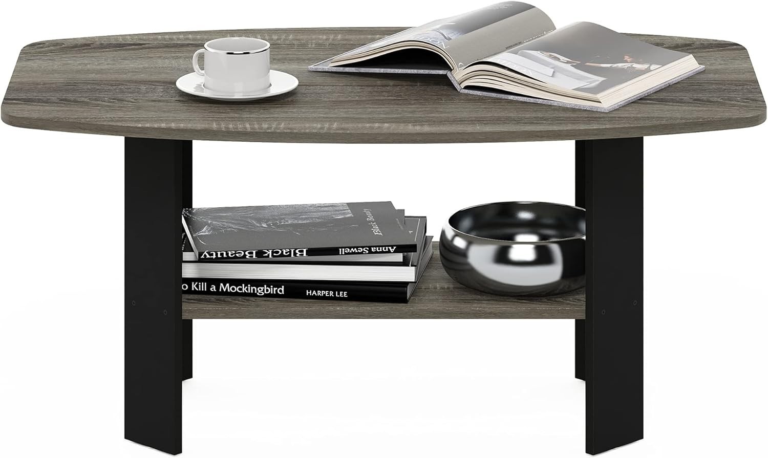 Lightweight Engineered Wood Coffee Table – French Oak Grey & Black 15.7″ Height