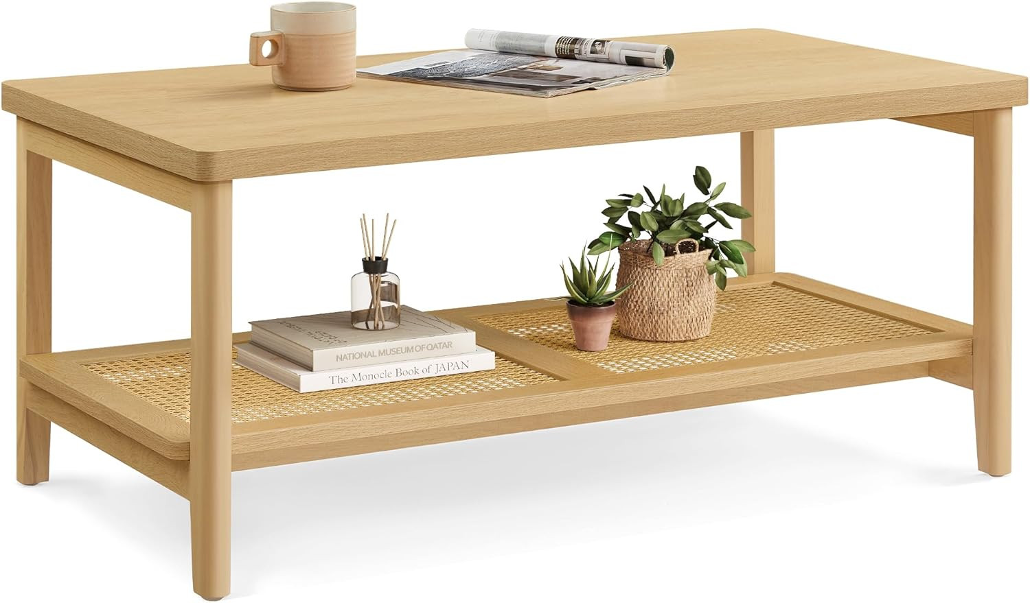 2-Tier Coffee Table for Living Room, Rectangular Living Room Table, with PVC Rat