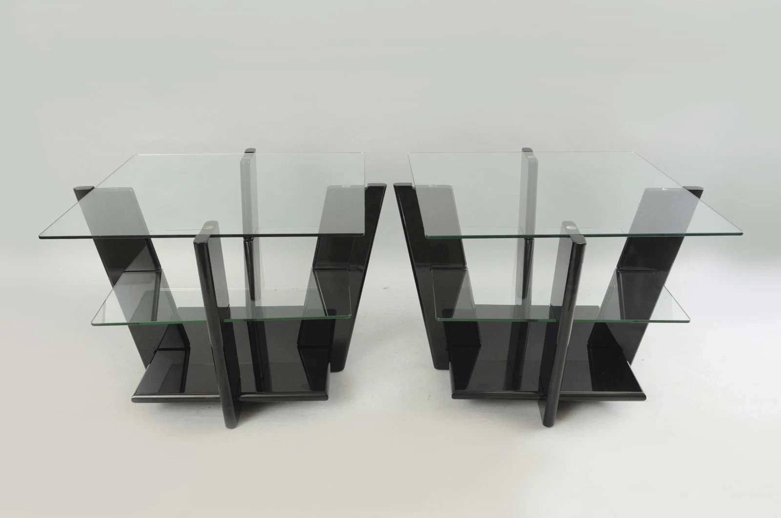 Contemporary Modern Black Lacquer & Glass 3 Tier Space Age End Tables – a Pair