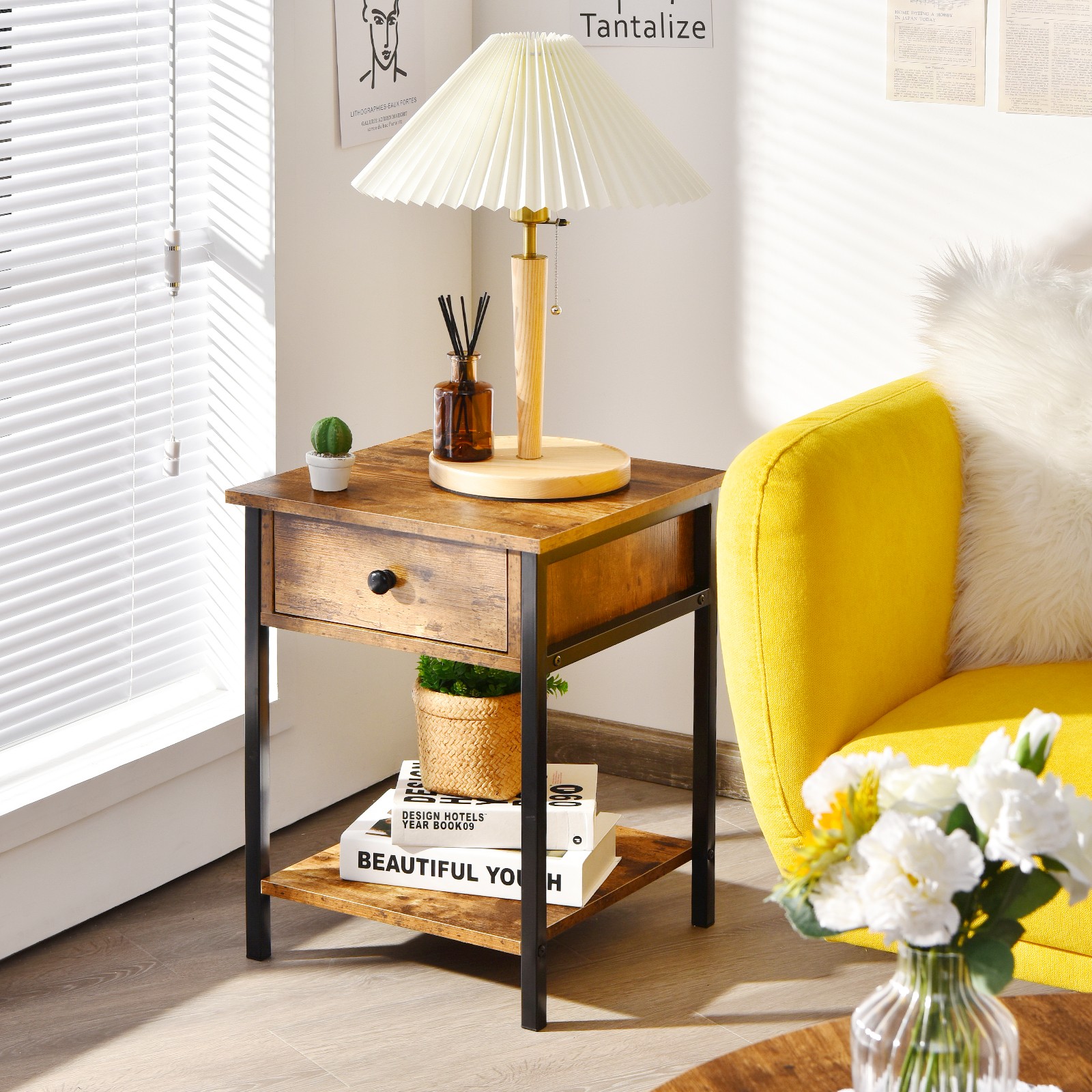 Costway 2PCS Industrial End Side Table Nightstand with Drawer Shelf Rustic Brown