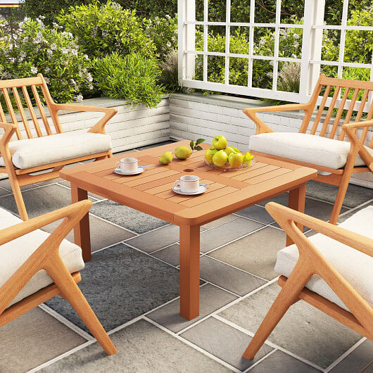 Patio Coffee Table with Umbrella Hole and Teak Oil Finish – Color: Natural