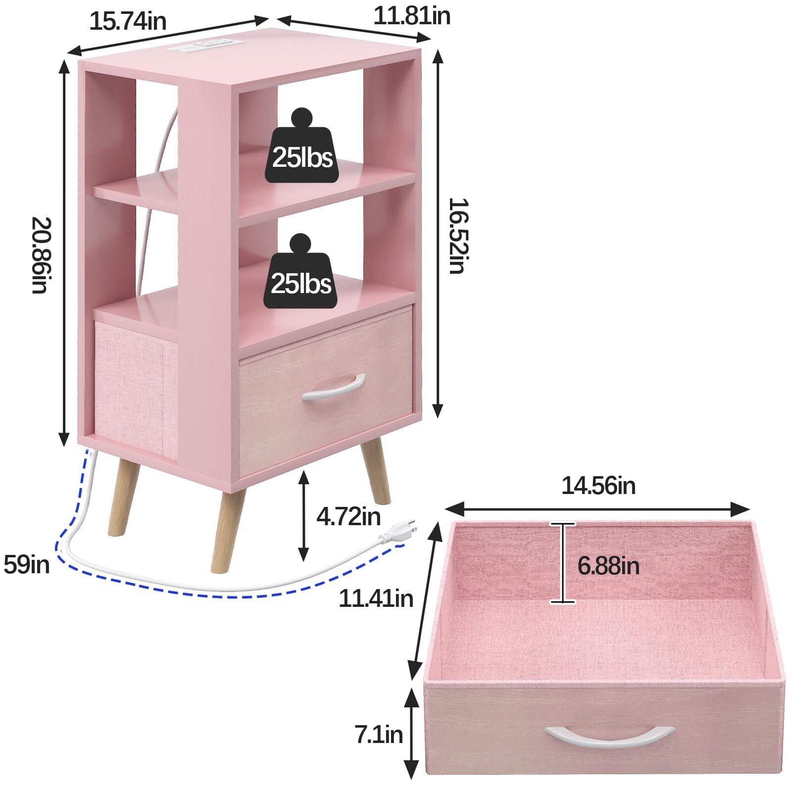 NIGHT STAND WITH CHARGING STATION PINK KIDS NIGHTSTAND WITH DRAWER 3TIER NURSERY