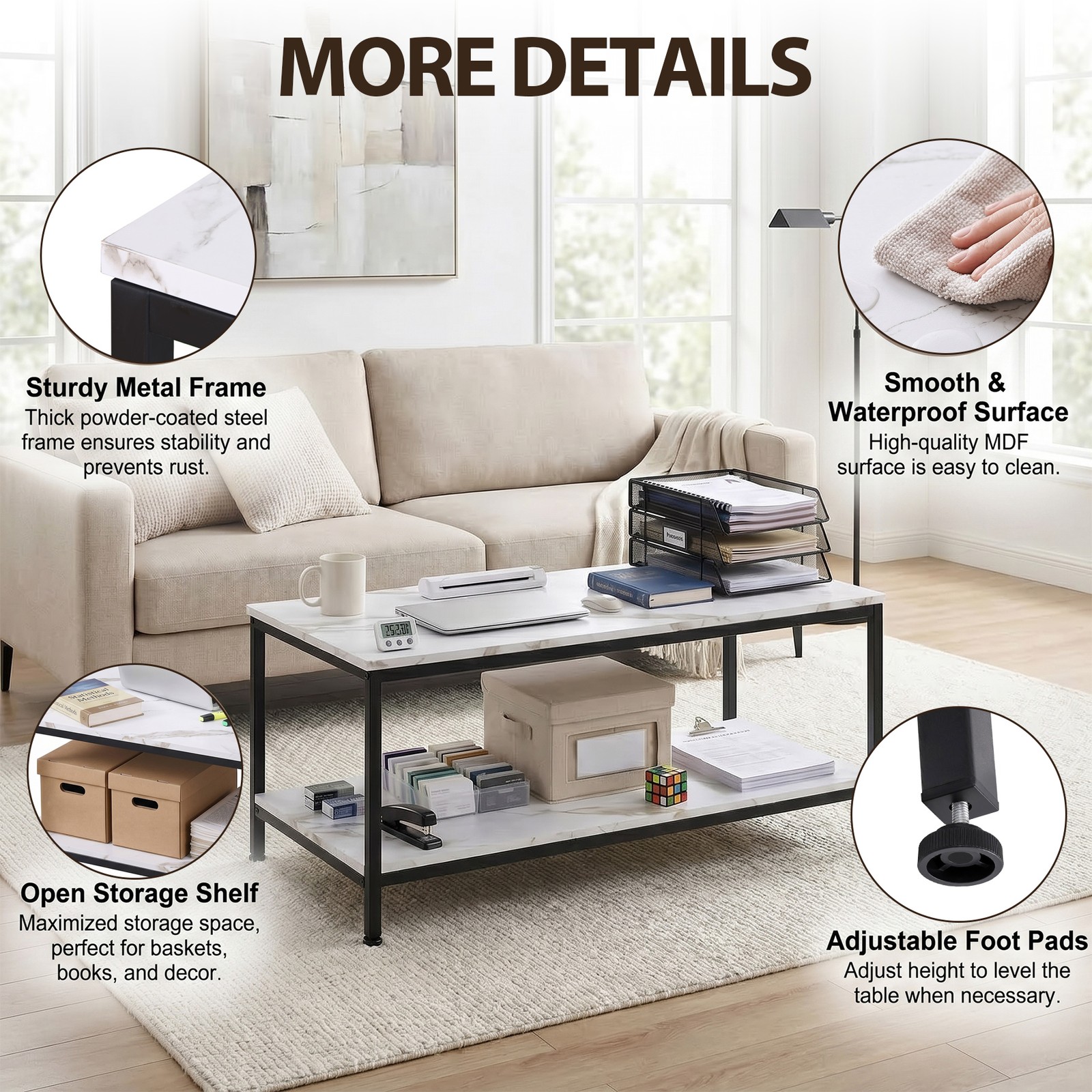 39″ Rectangular Coffee Table Industrial Wood Center Table w/ Storage Shelf White