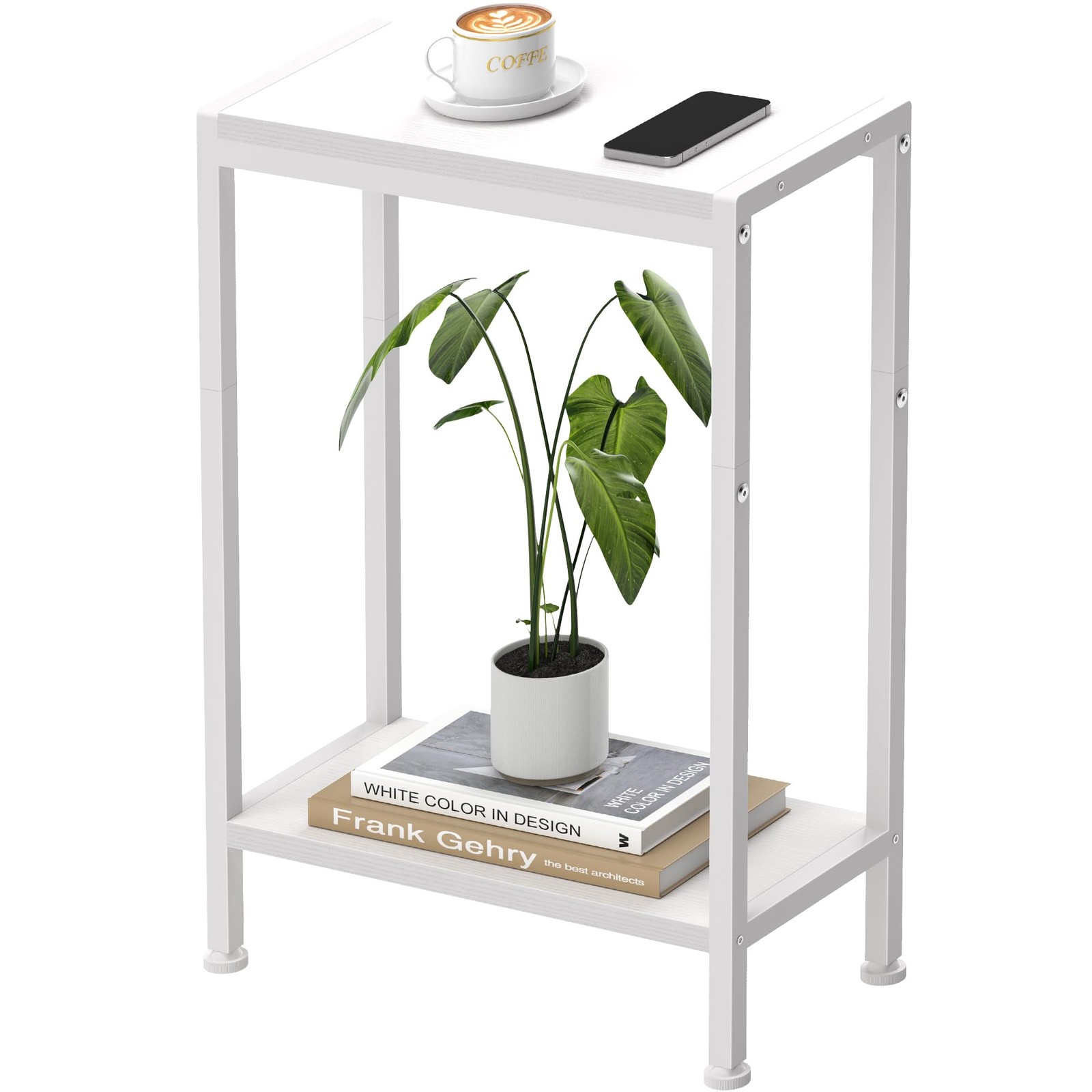 Narrow Side Table Small Space 2Tier Slim Couch Bedside Stand White 1 PCS