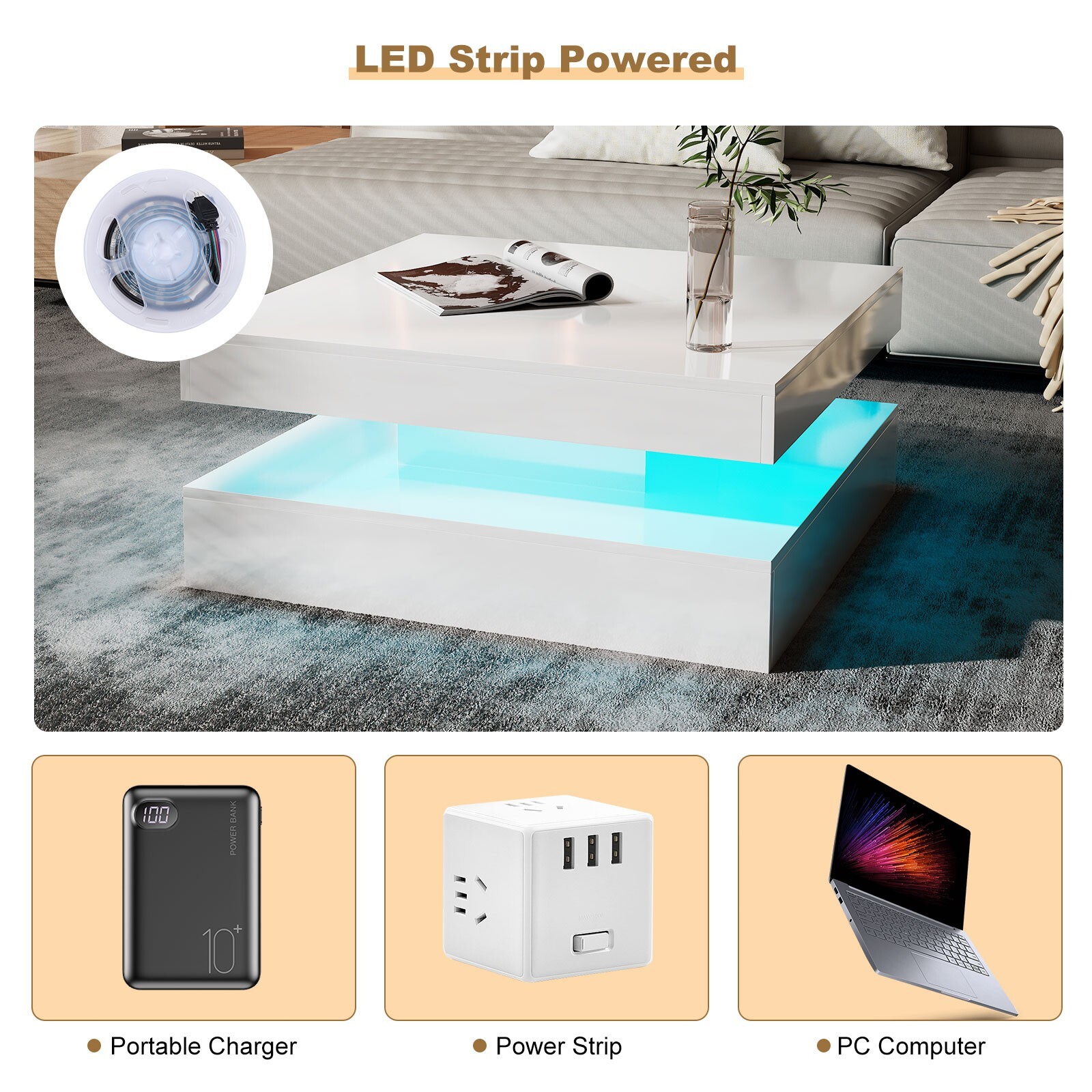 Square LED Coffee Table with 16 Colours Lights Modern 2 Tiers Cocktail Table Liv