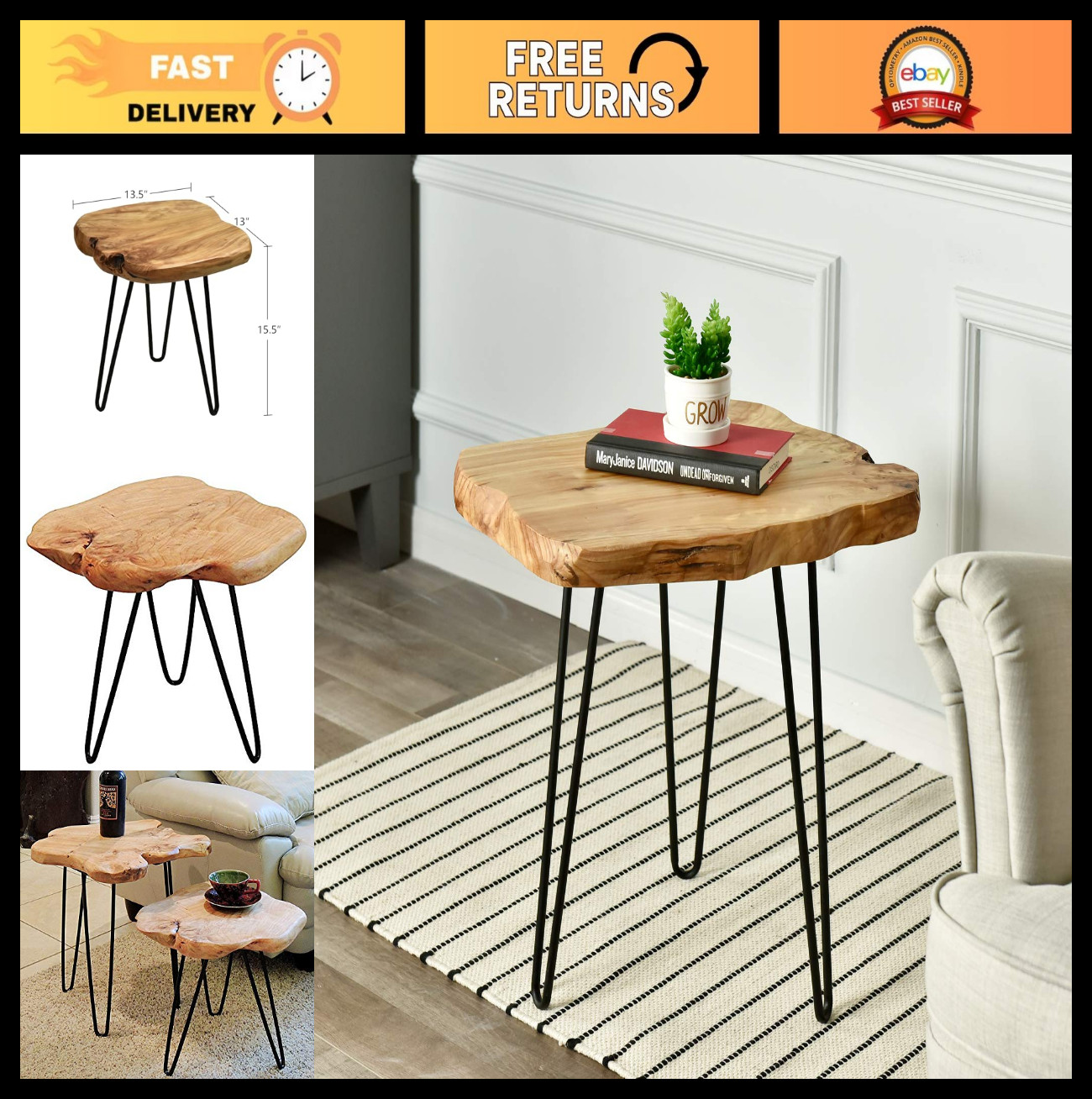 Live Edge Side Table with Hairpin Legs – Natural Wood Nightstand, 15.5″ Tall