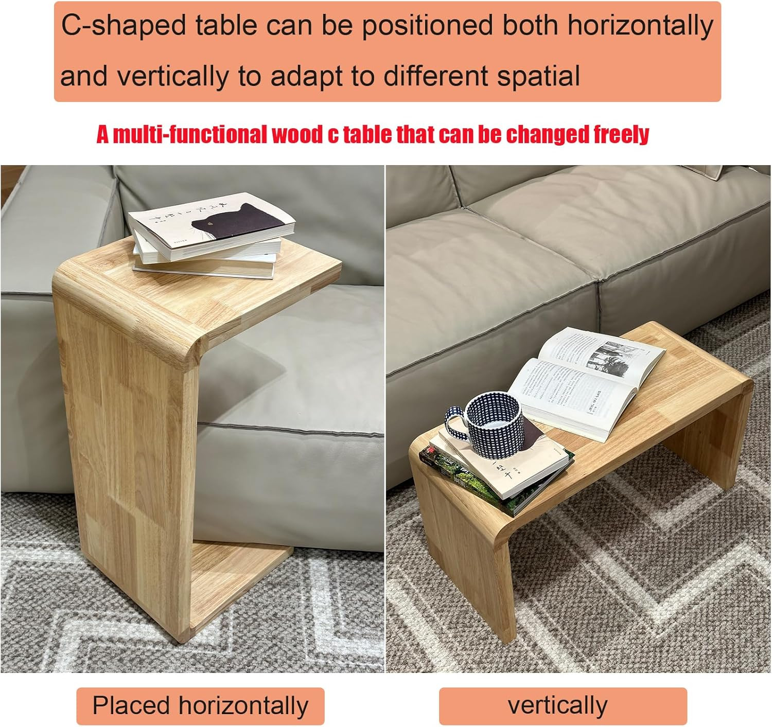 C Shaped Solid Wood End Table – Space-Saving Snack Table for Any Room