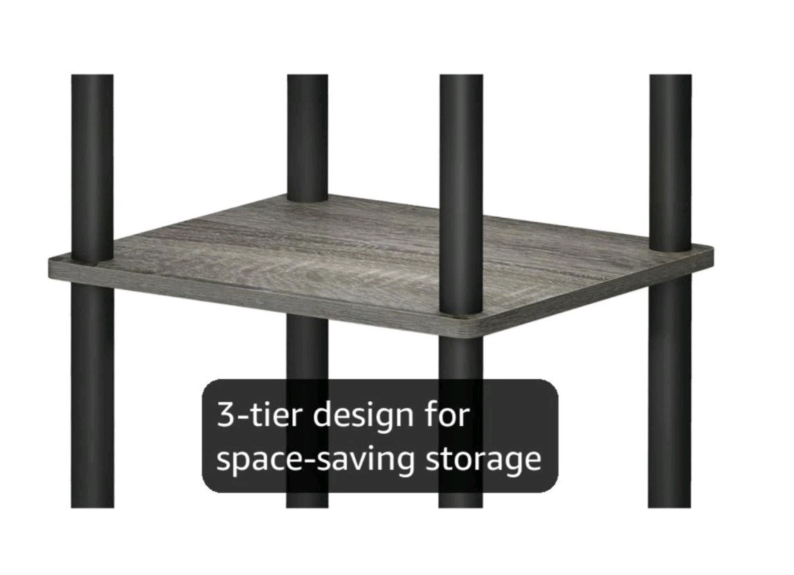 3-Tier End Table (2 Table Set) French Oak Gray Wood & Black PVC Poles 22.8″ Tall