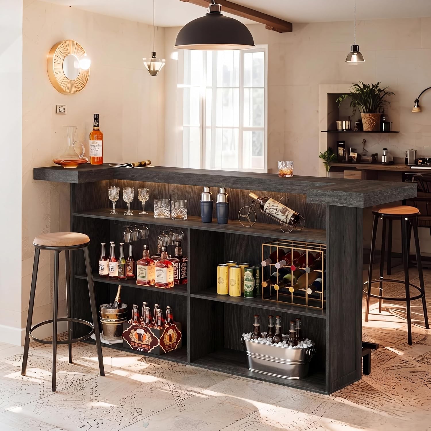 70.9-Inch Large Bar Table Industrial Wooden Home Bar Unit with Storage Shelves