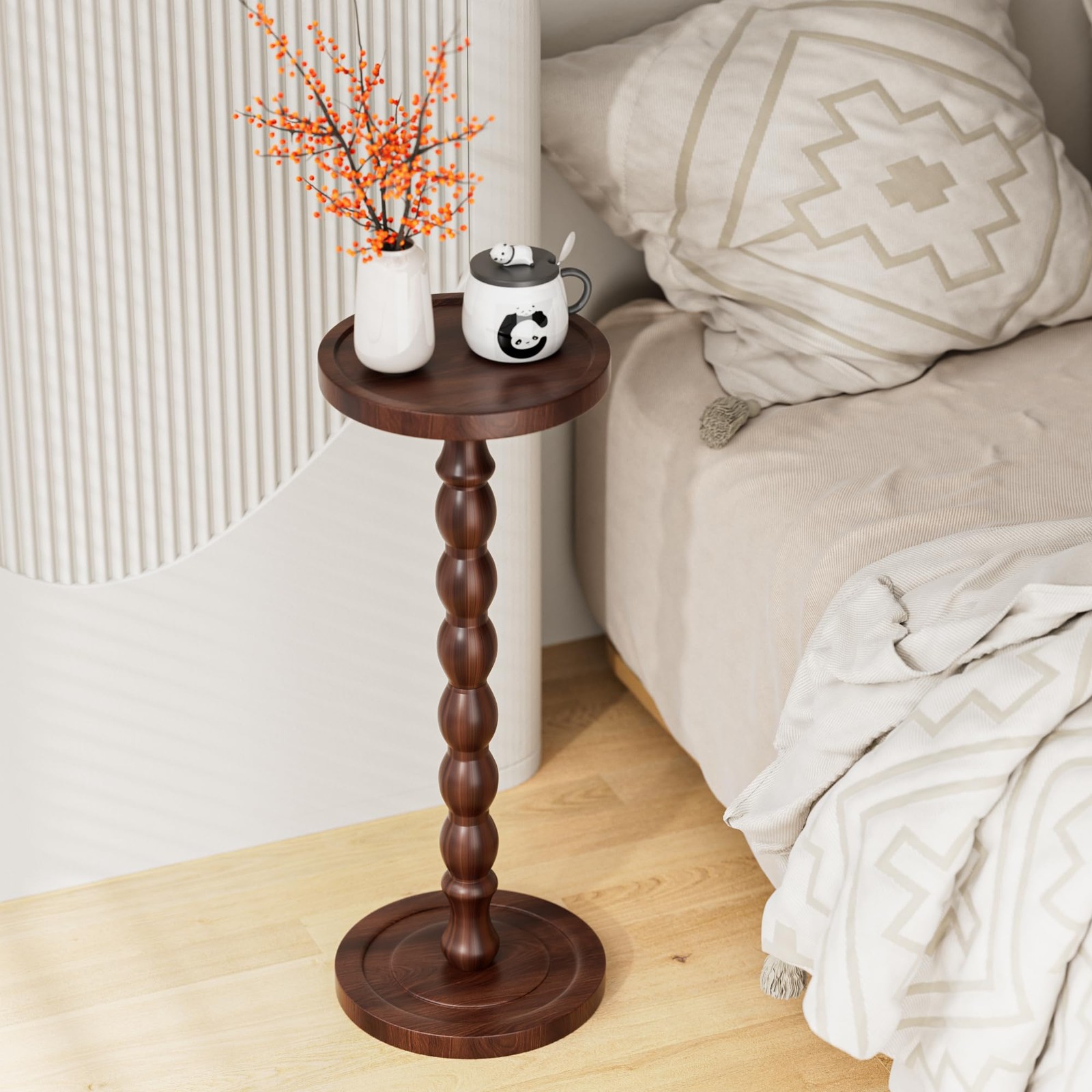 Rubber Wood Round Side Table, Solid Small 9.4″W x 23.8″H, Dark Walnut