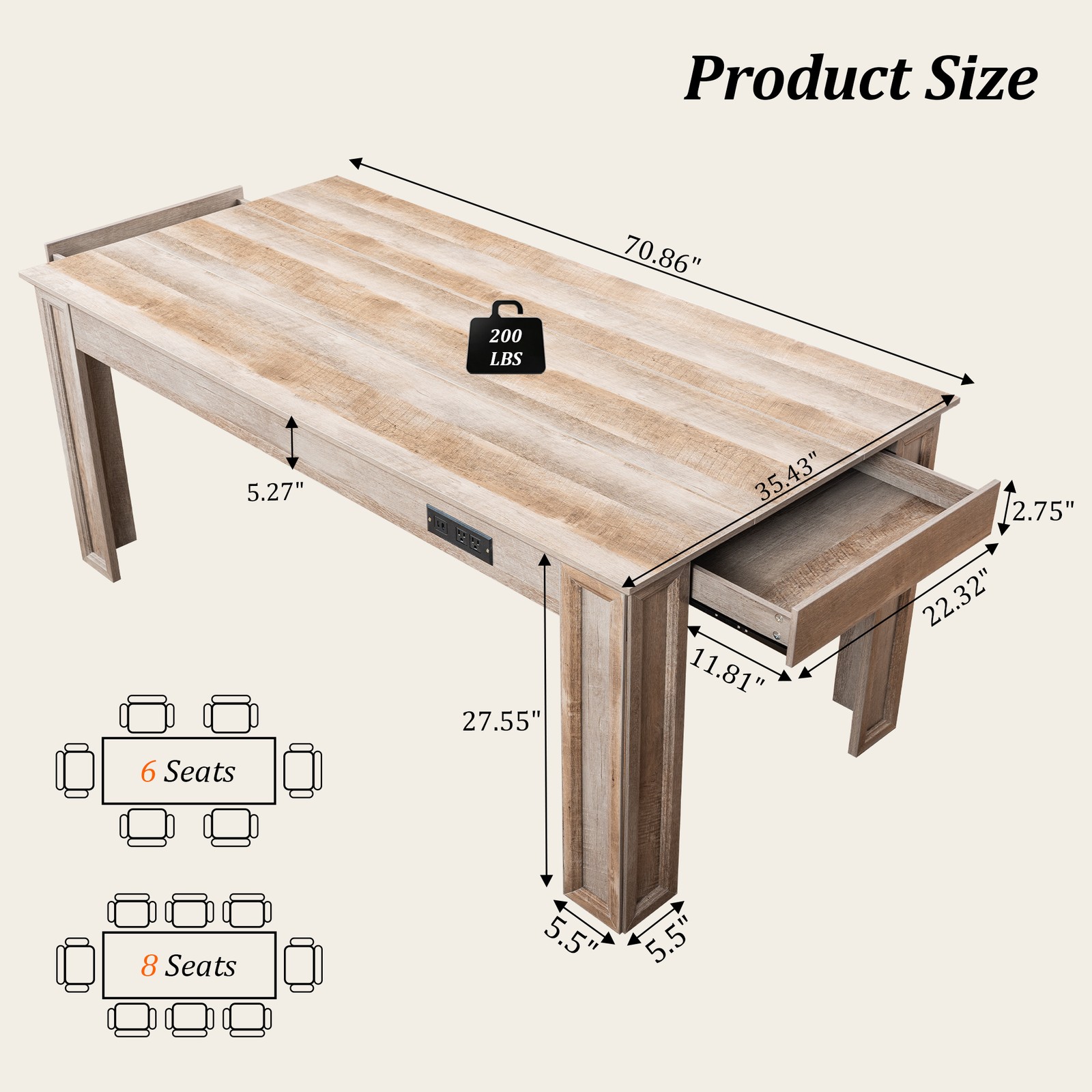 70″ Gray Farmhouse Dining Table with Charging Station & Drawer,for 6-8 People