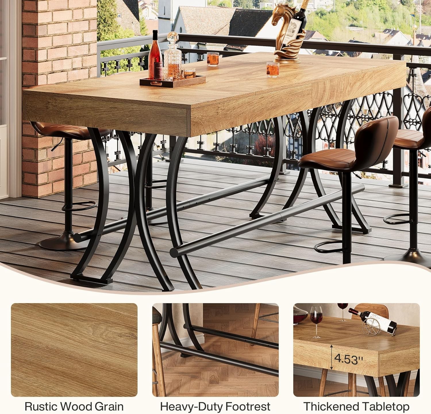 63″ Counter Height Dining Table with Footrest, Rectangular Kitchen Bar Pub Table