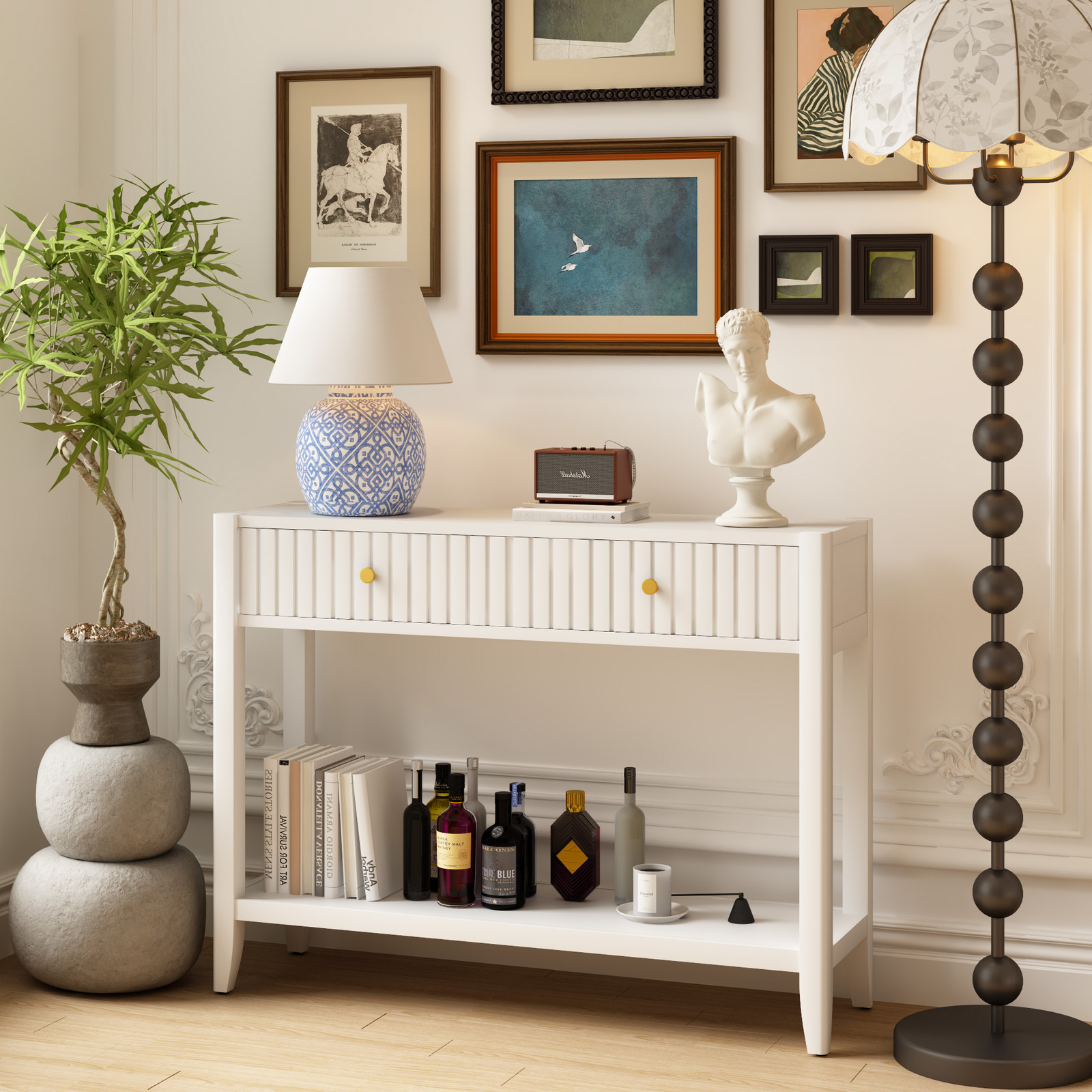29.53″ Console Table Drawers Narrow Wood Accent Sofa Table Entryway Table White