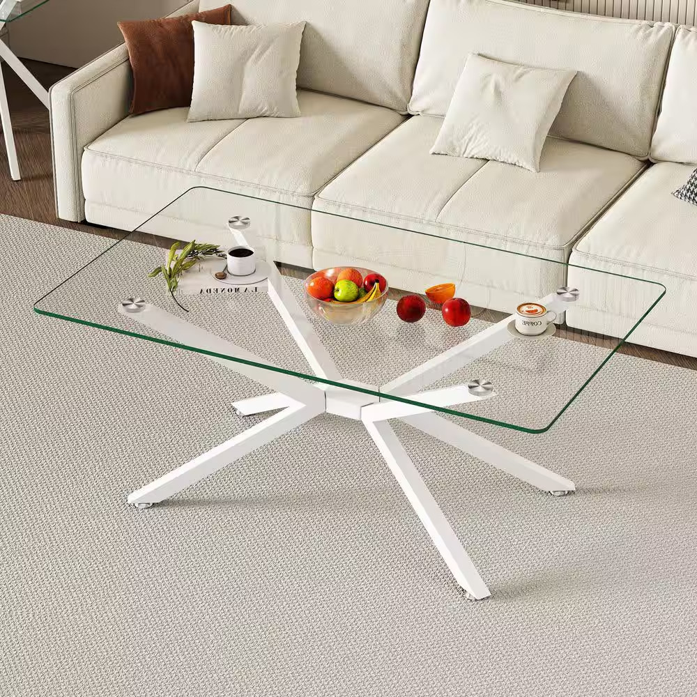 Modern Living Room Center 39 In. White/Clear Rectangle Tempered Glass Coffee Tab