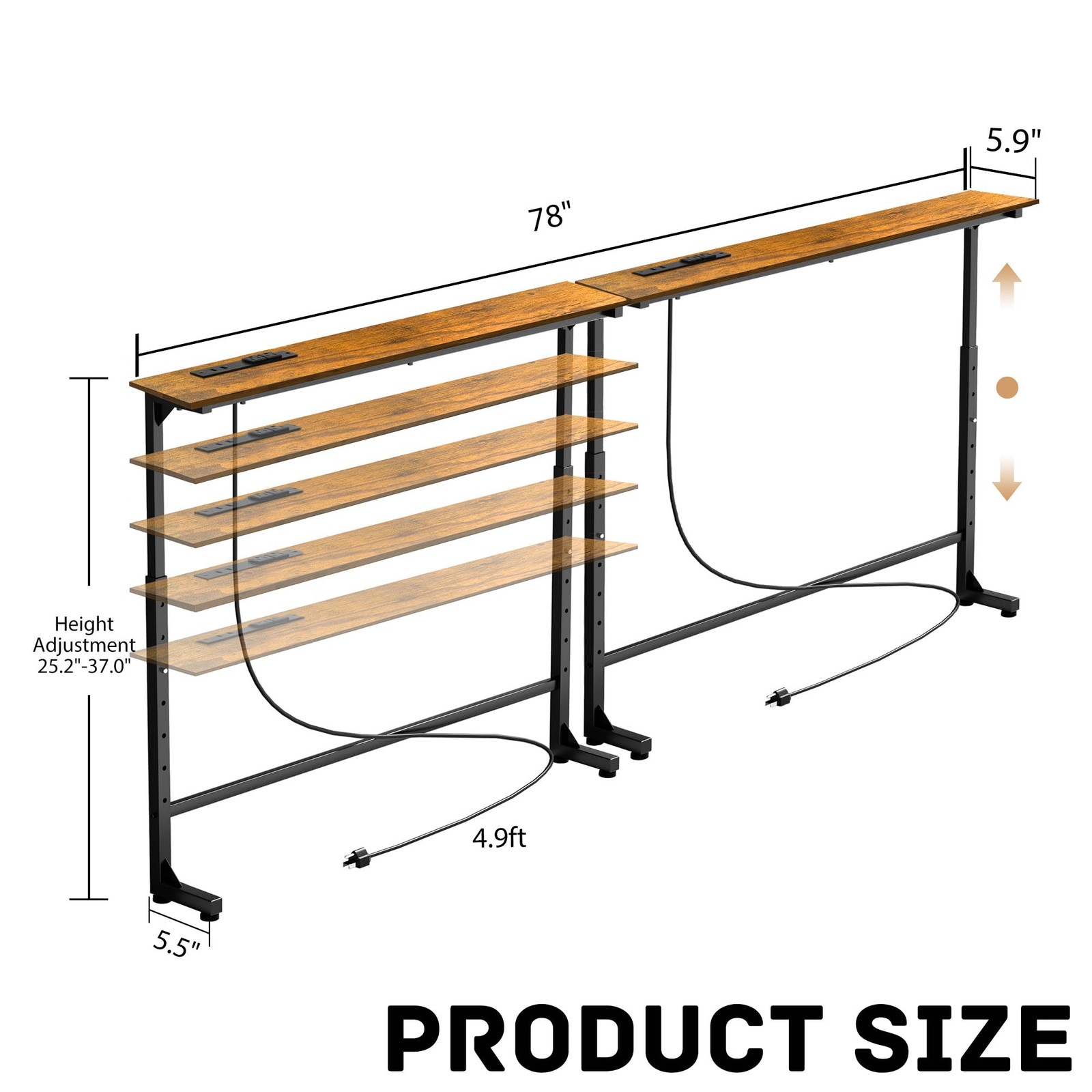 Adjustable Height Narrow Sofa Table 78″ Long Console Power Outlets Charging